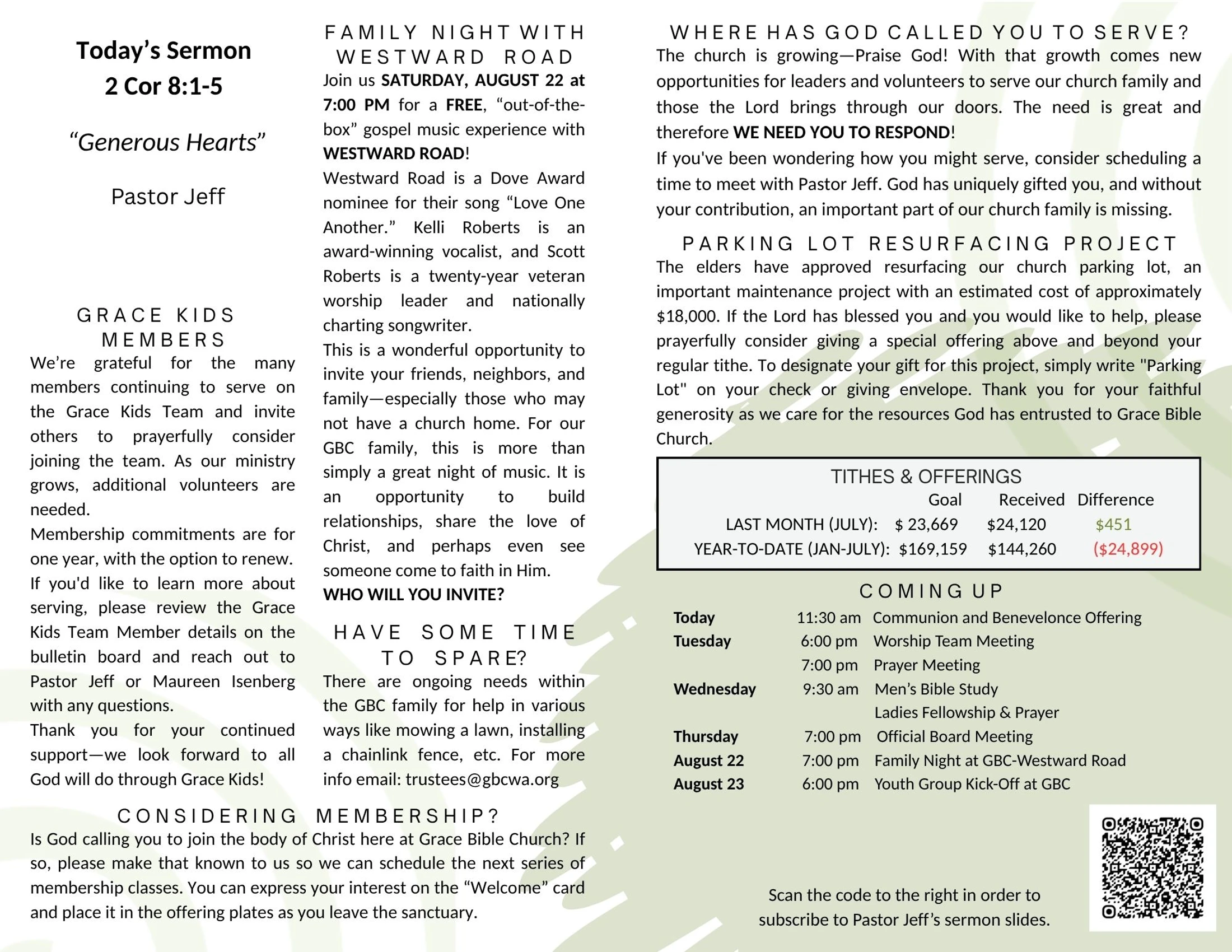 A church bulletin detailing the sermon topic, 'Generous Hearts,' calls for volunteers, event schedules, a fundraiser, and a financial report on tithes.