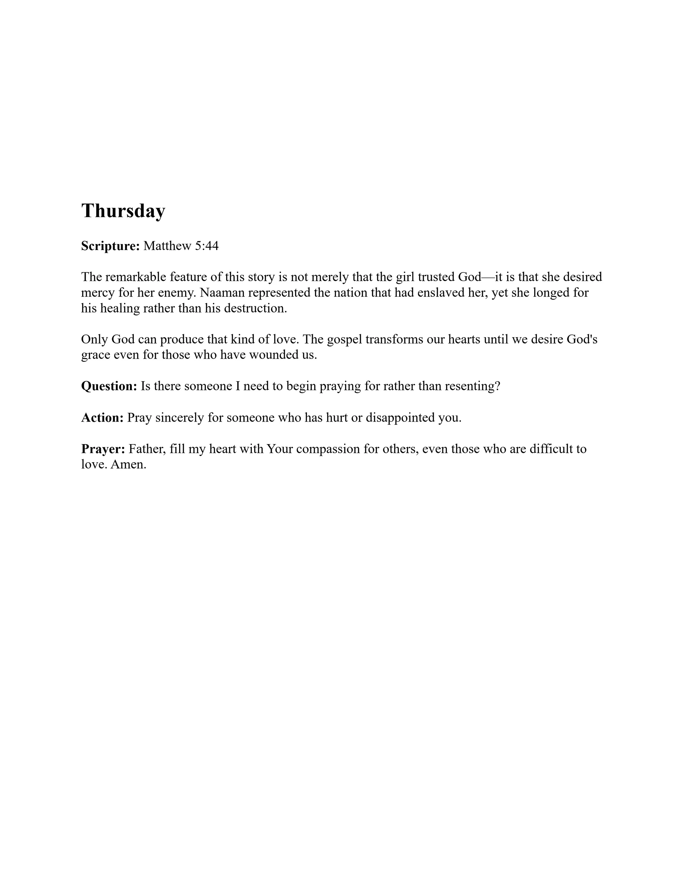 A page from a devotional for Thursday, featuring scripture from Matthew 5:44, a reflection on loving enemies, and prompts for prayer and action.