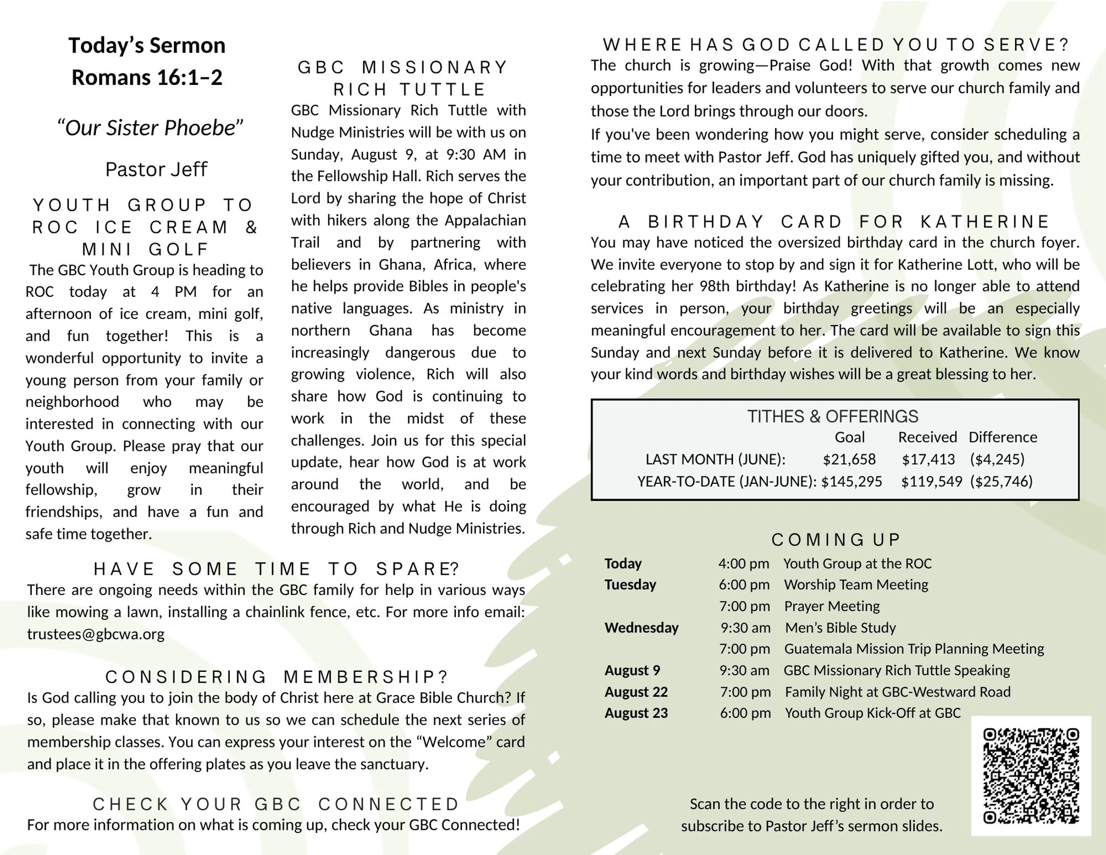 A church bulletin with announcements for the week, including the sermon topic, youth group events, a missionary speaker, and a schedule of upcoming meetings.