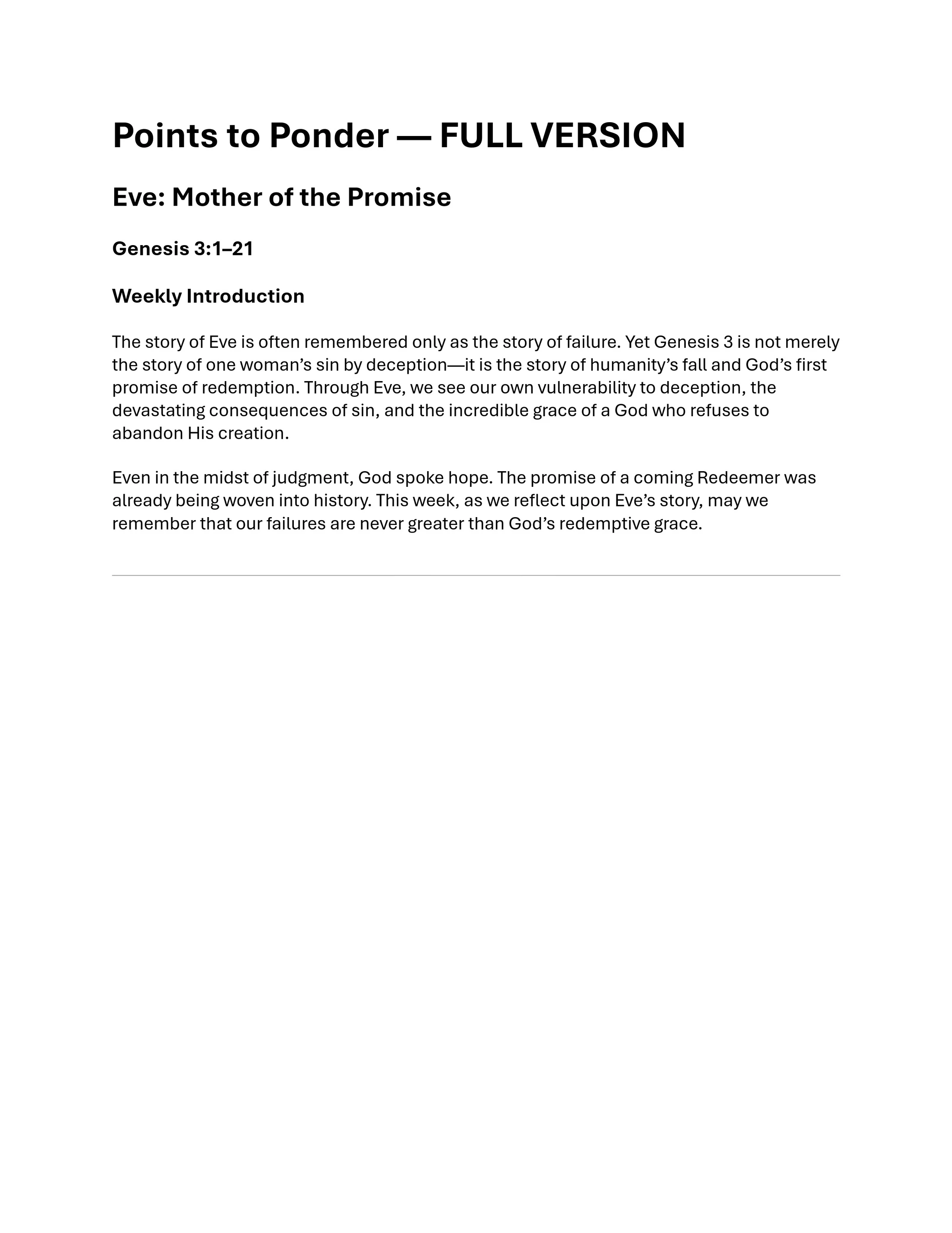 A document titled 'Points to Ponder' with a weekly introduction to the biblical story of Eve from Genesis 3, focusing on sin, failure, and God's grace.
