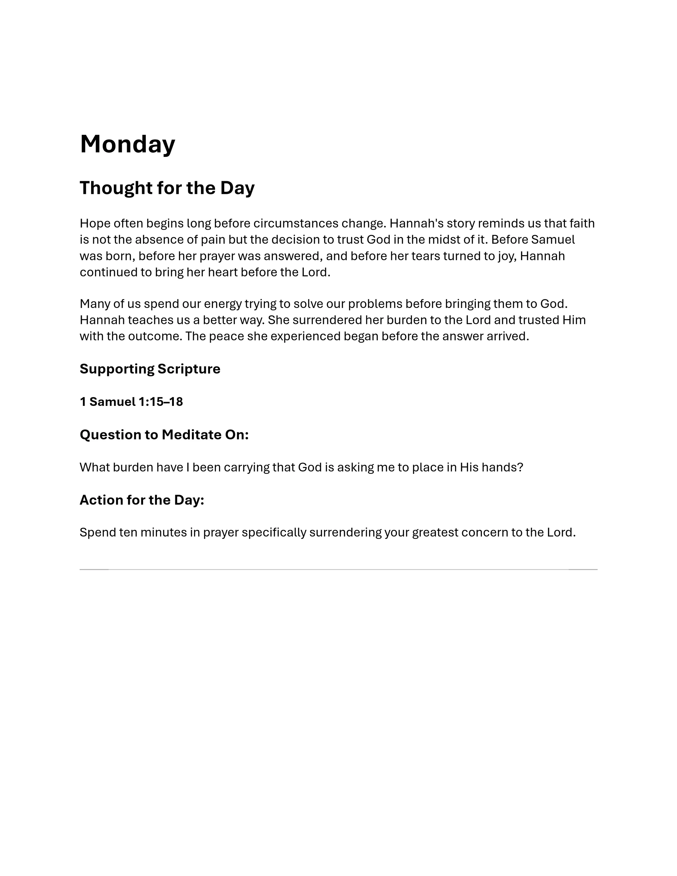 A daily devotional for Monday. It features a 'Thought for the Day' on hope and faith, scripture from 1 Samuel, and prompts for meditation and prayer.