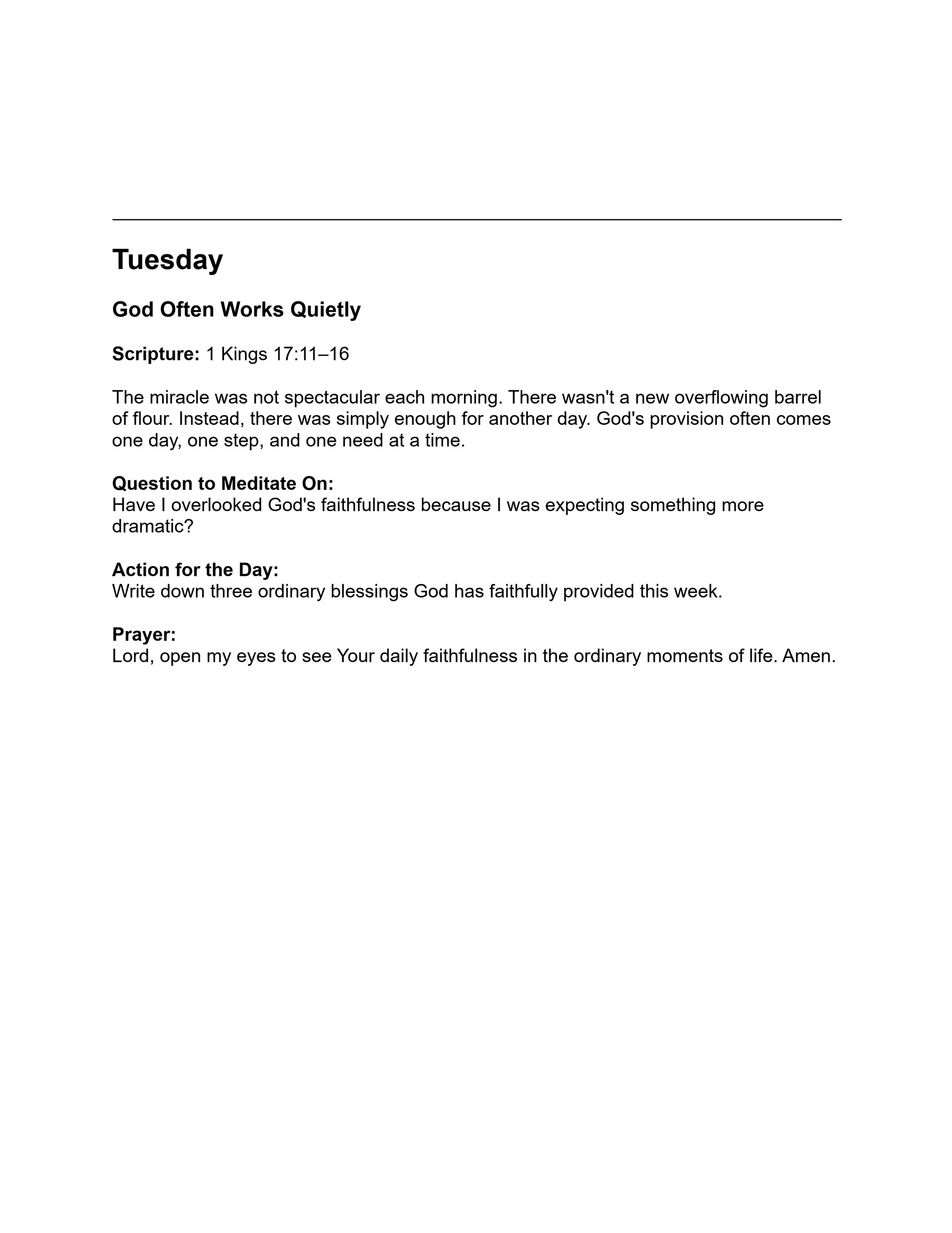 A daily devotional page for Tuesday about how God often works quietly. It includes scripture, a reflection, a question for meditation, an action, and a prayer.