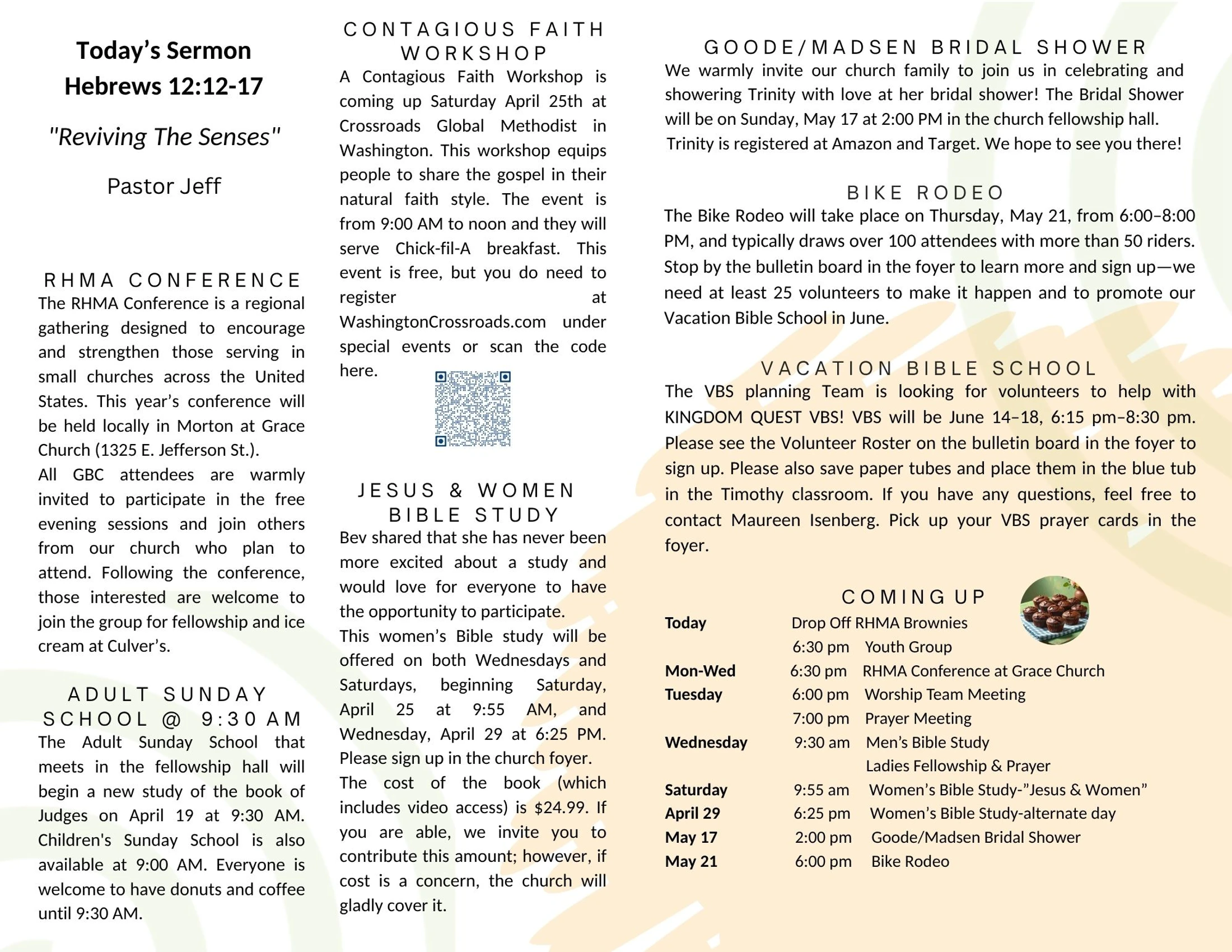 A church bulletin page listing upcoming events like a sermon, conference, Bible study, bridal shower, bike rodeo, and a schedule of meetings.
