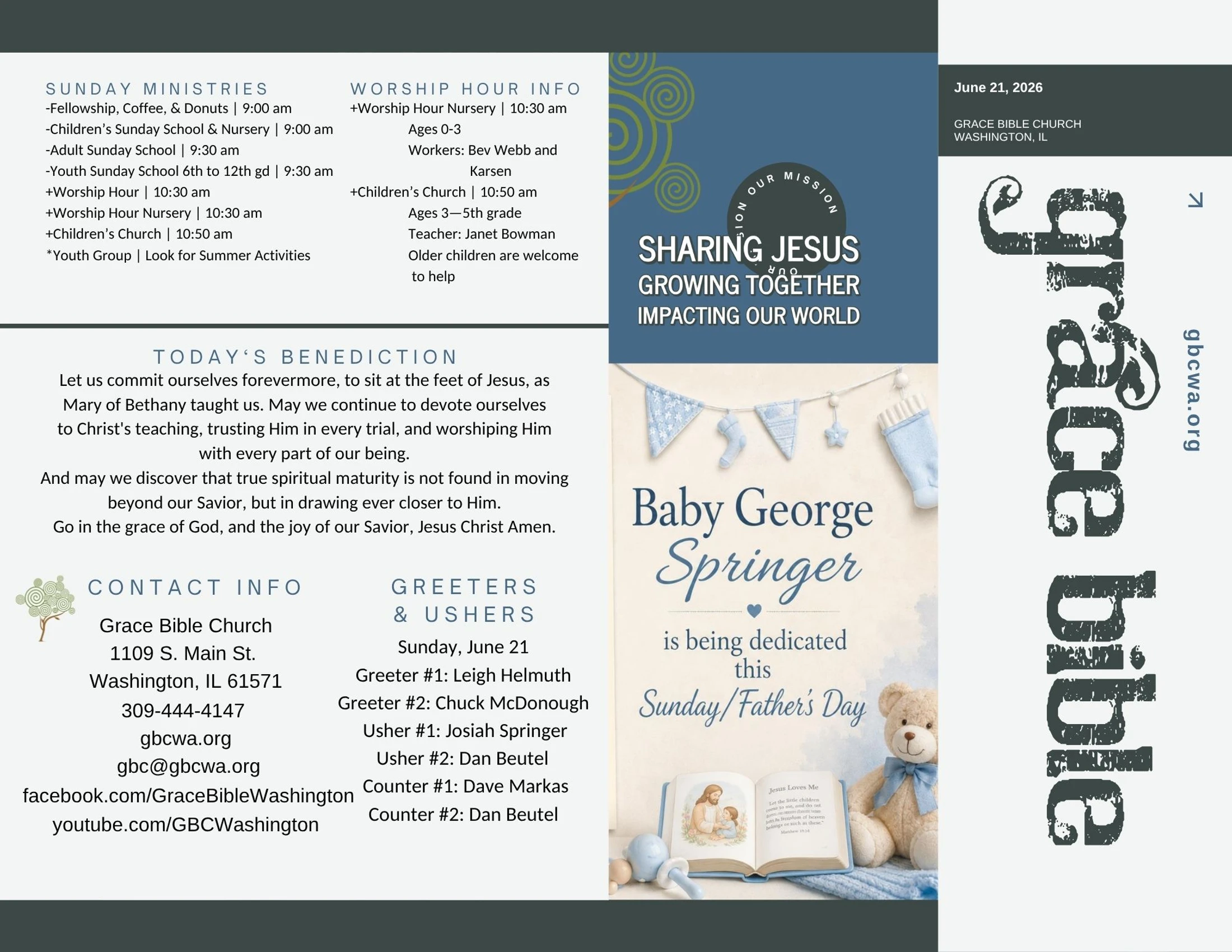 A Sunday bulletin for Grace Bible Church. It includes service times, contact info, a benediction, and a special announcement for a baby dedication.