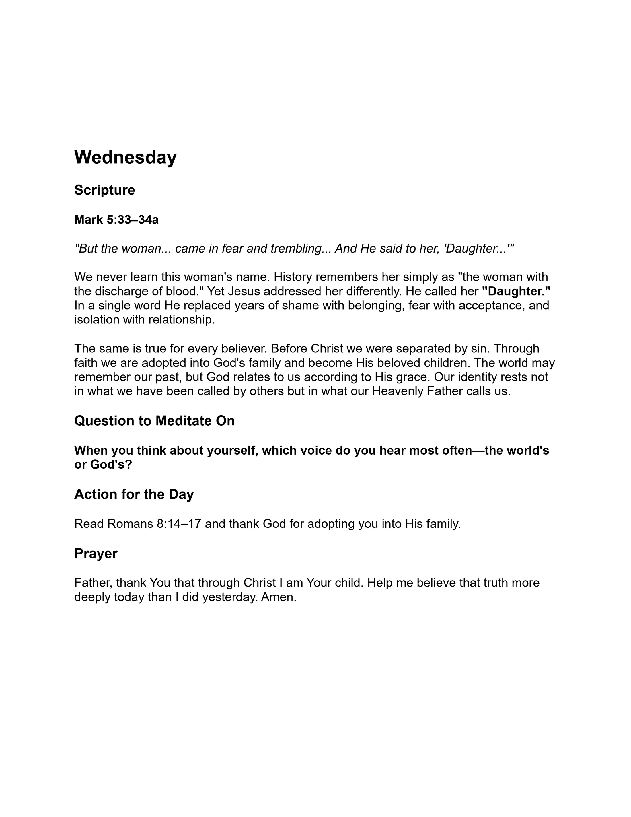 A daily devotional page for Wednesday. It includes scripture from Mark 5, a reflection on being God's child, a meditation question, an action, and a prayer.