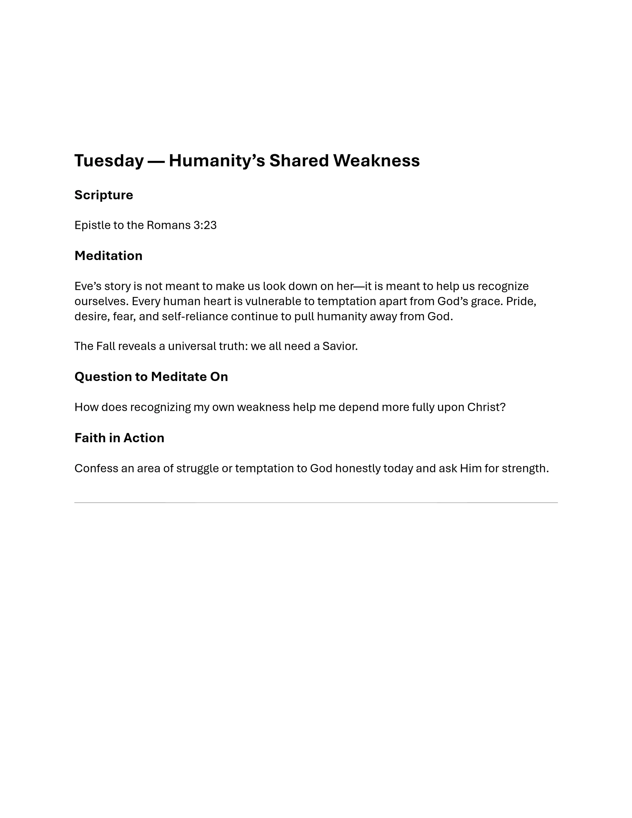 A devotional page for Tuesday titled 'Humanity's Shared Weakness,' with sections for scripture, meditation, a reflection question, and a faith in action prompt.