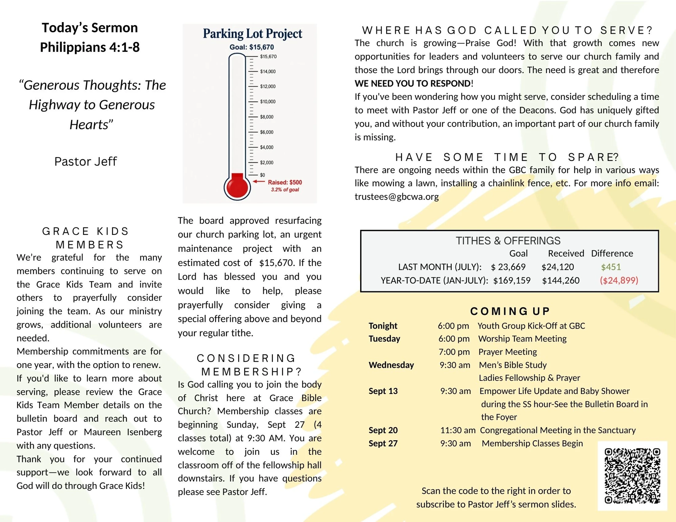 A church bulletin page detailing the sermon topic, a parking lot fundraiser, calls for volunteers, tithes and offerings, and a schedule of upcoming events.