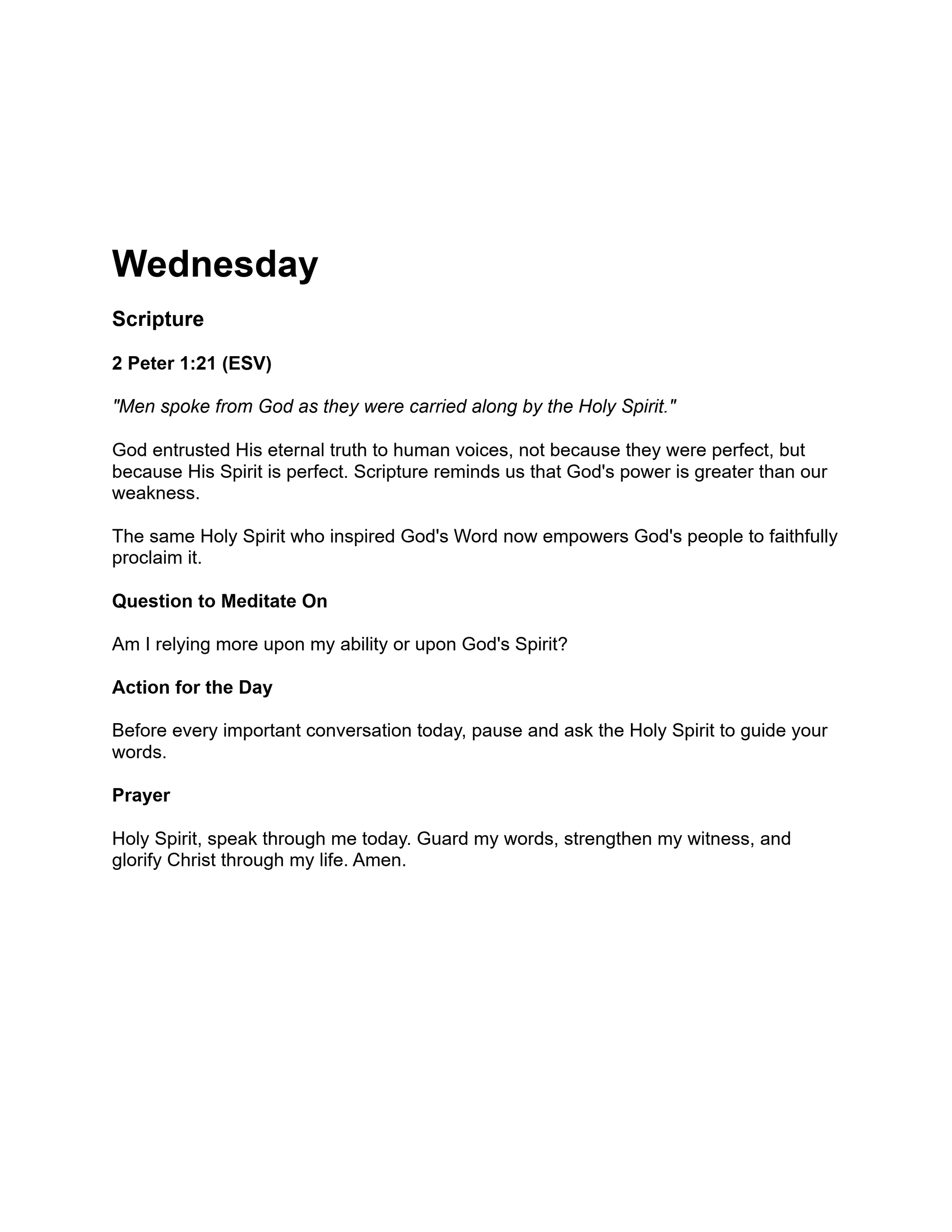 A daily devotional for Wednesday based on 2 Peter 1:21. It includes scripture, a meditation question, an action for the day, and a prayer to the Holy Spirit.