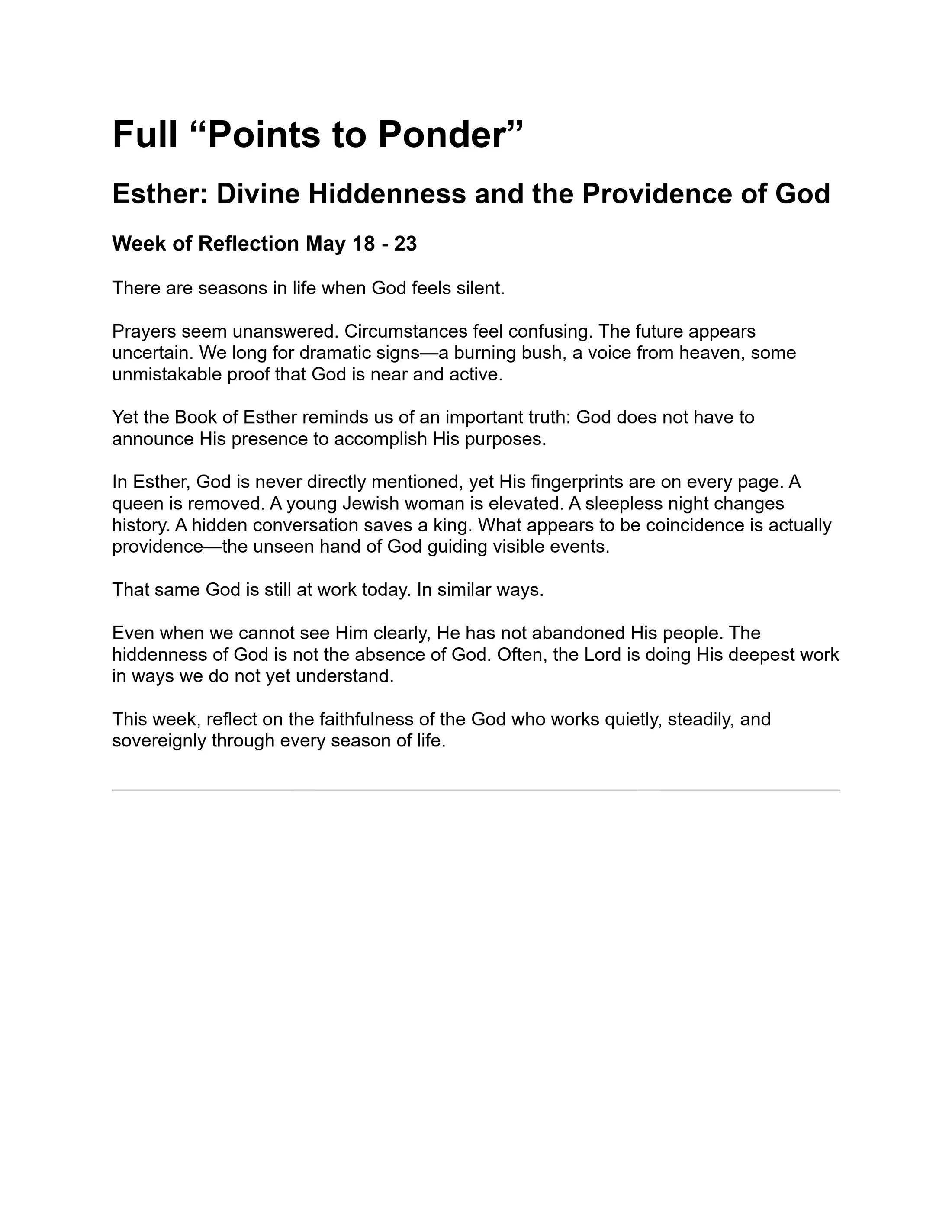 A text document titled 'Points to Ponder' about God's hidden providence as seen in the Book of Esther, for a week of reflection from May 18-23.