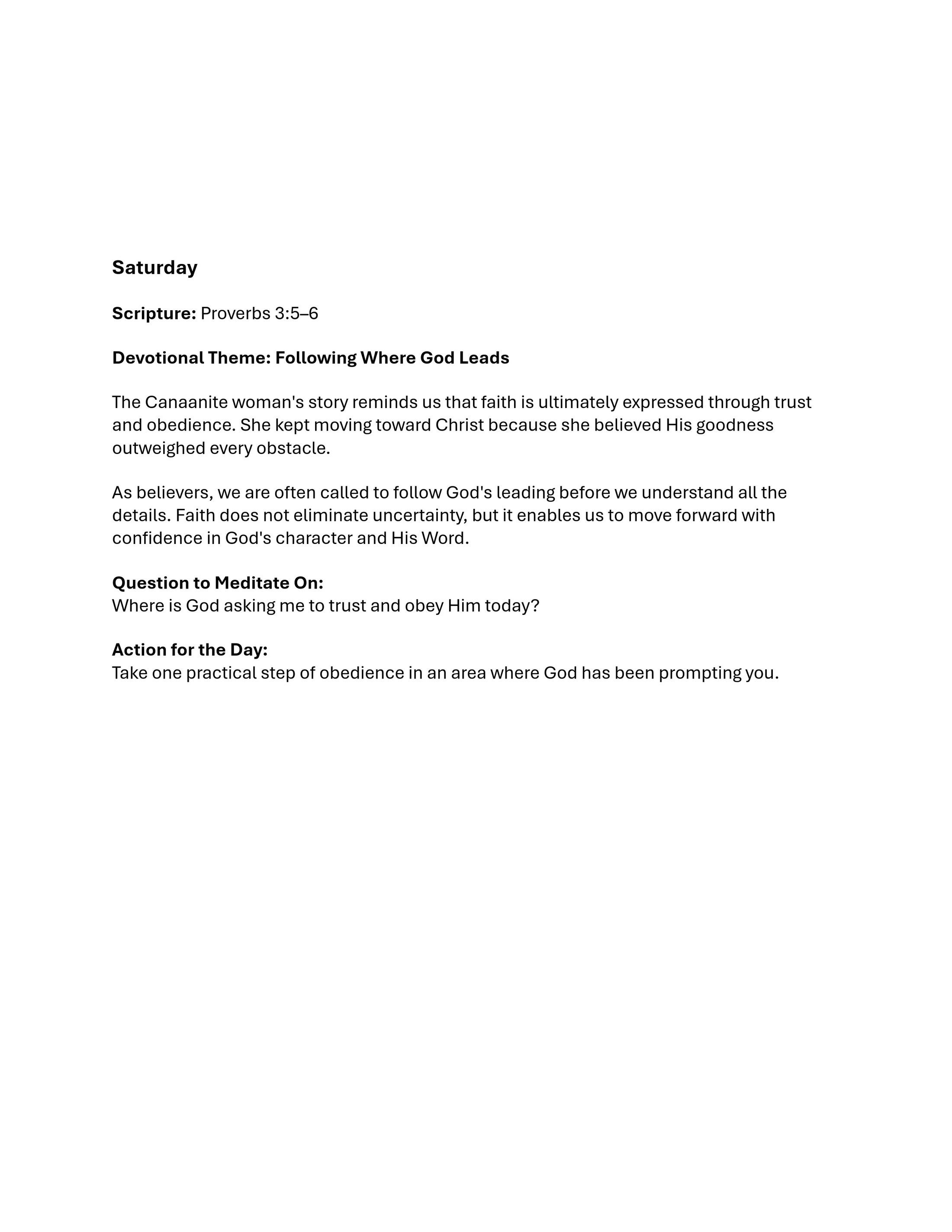 A daily devotional for Saturday based on Proverbs 3:5-6. The theme is following God's lead, with a meditation question and a suggested action for the day.