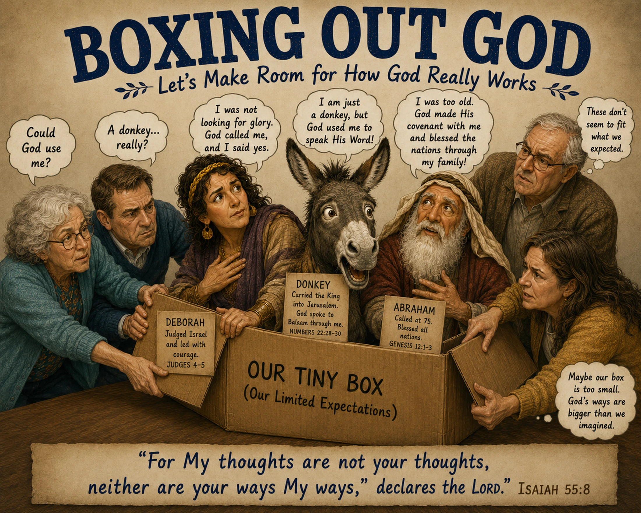 An illustration shows people looking into a box labeled 'Our Limited Expectations' containing biblical figures like Abraham, Deborah, and a talking donkey.