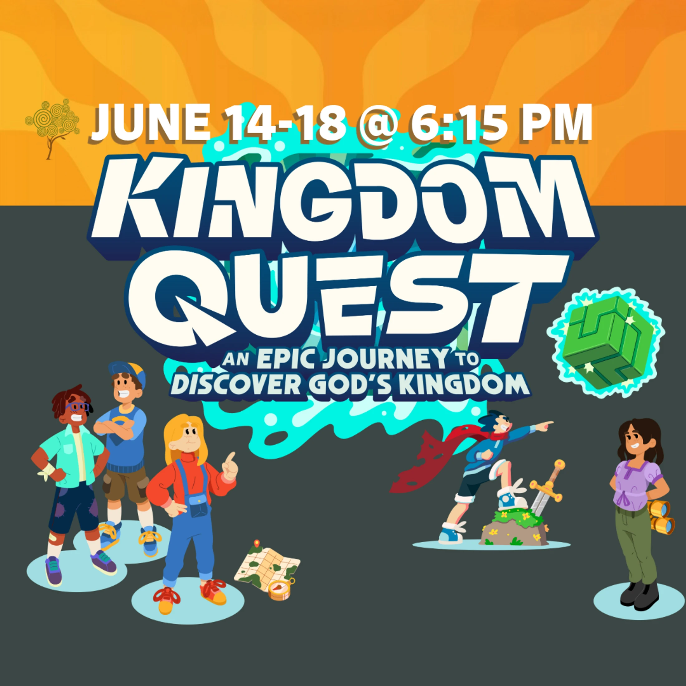 Promotional graphic for a kids' event called Kingdom Quest, June 14-18 at 6:15 PM. Features cartoon children dressed for an adventure.