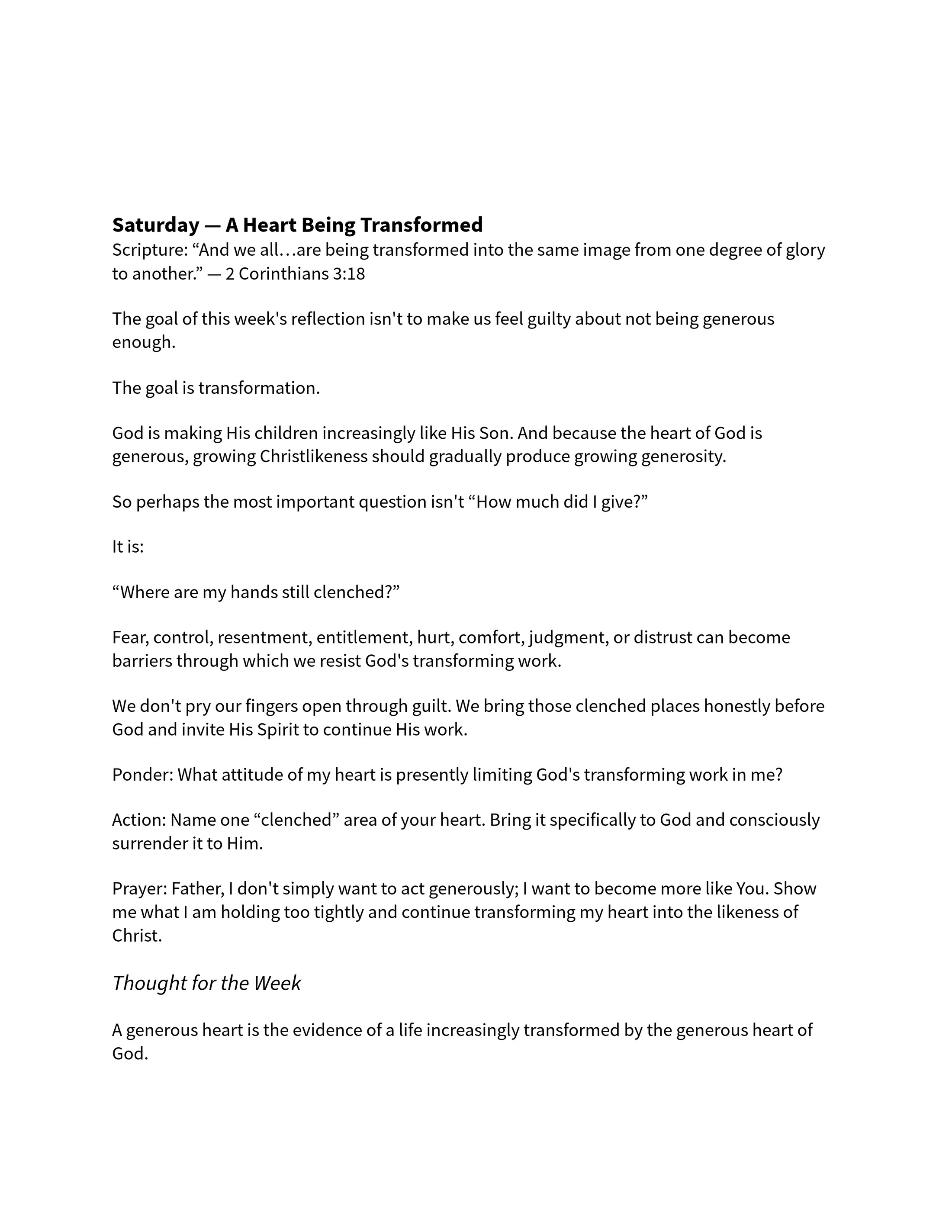 A page of text from a Saturday devotional titled "A Heart Being Transformed." It discusses generosity and spiritual transformation with scripture and a prayer.