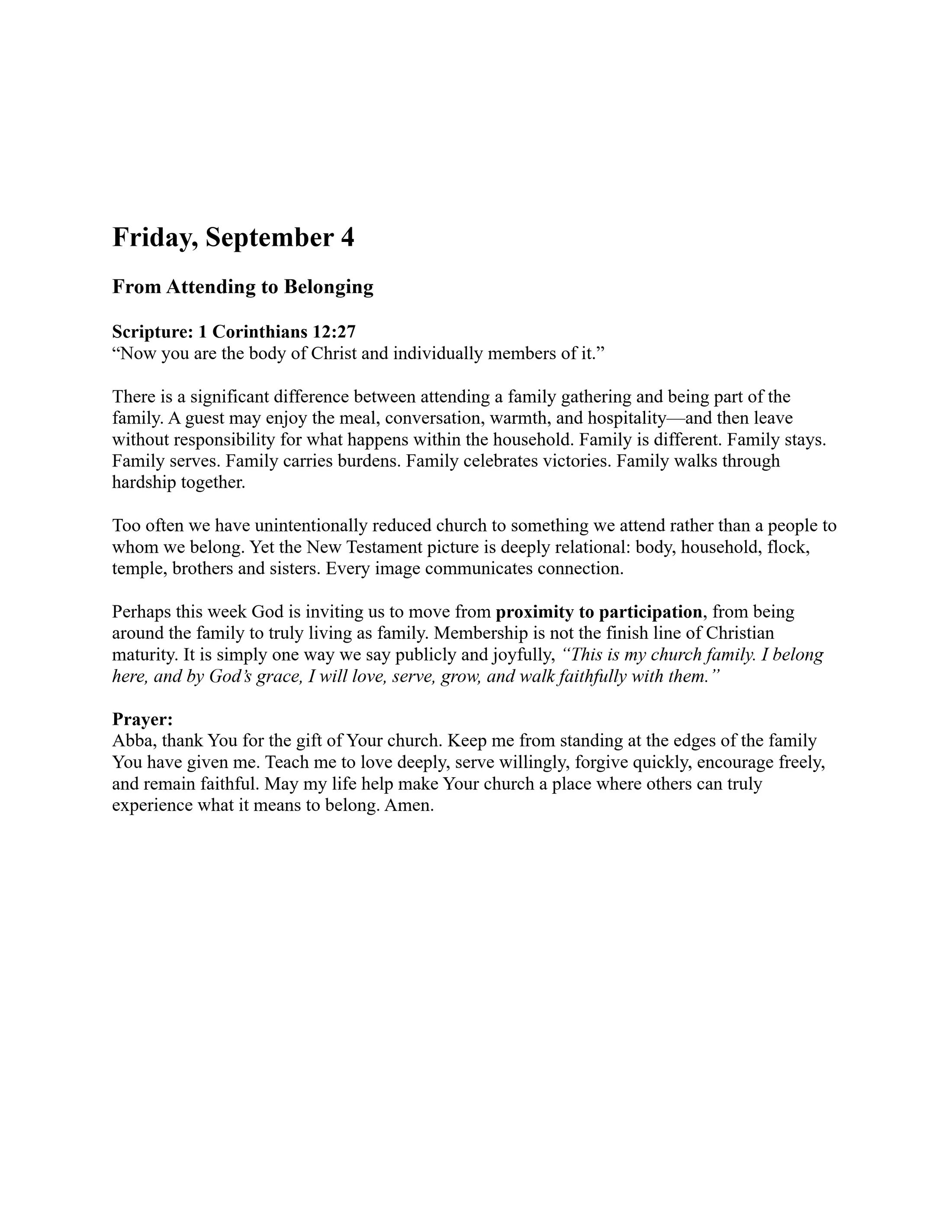 A page from a devotional for Friday, September 4, titled 'From Attending to Belonging,' featuring scripture, a reflection, and a prayer on community.