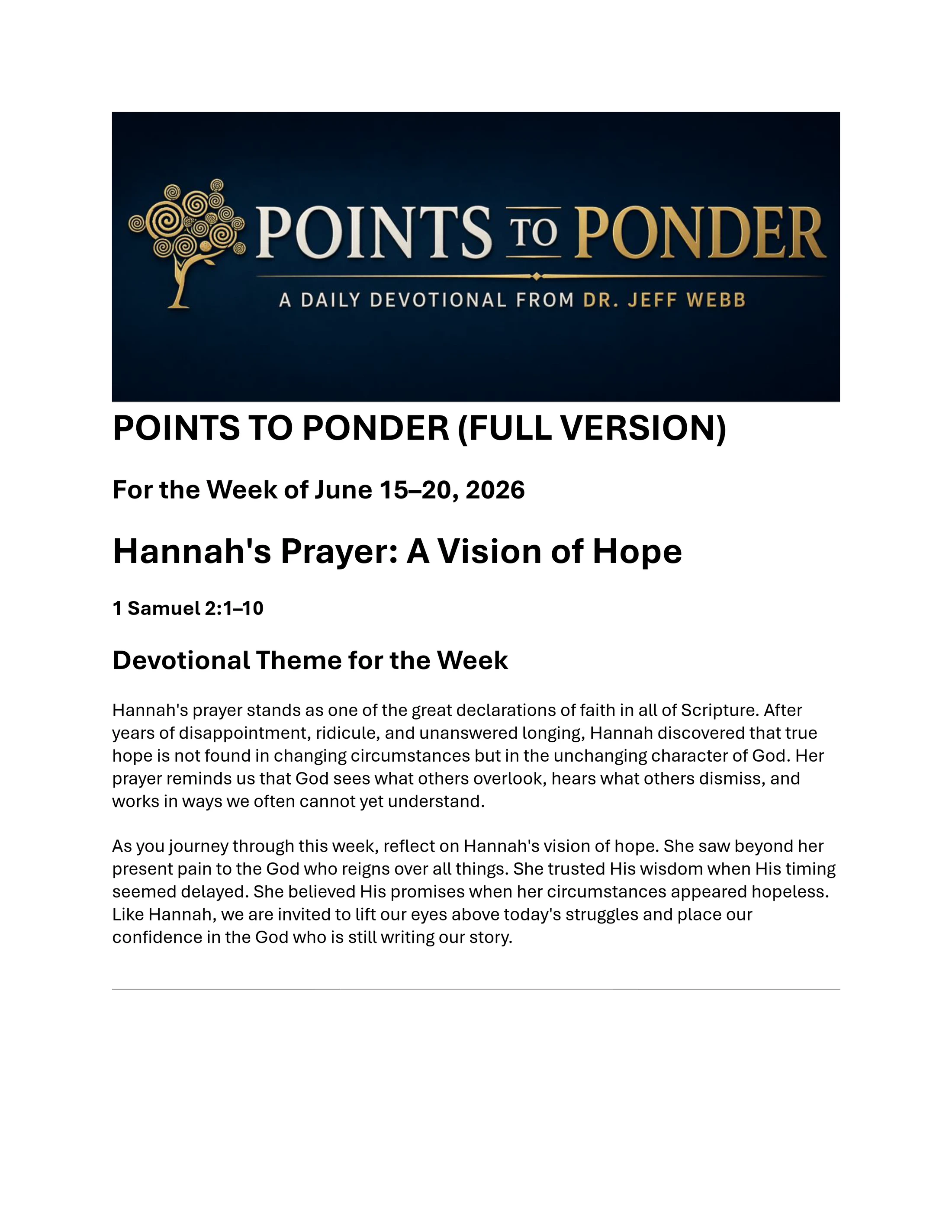 A devotional guide titled "Points to Ponder" by Dr. Jeff Webb. The theme for the week of June 15-20, 2026, is "Hannah's Prayer: A Vision of Hope."