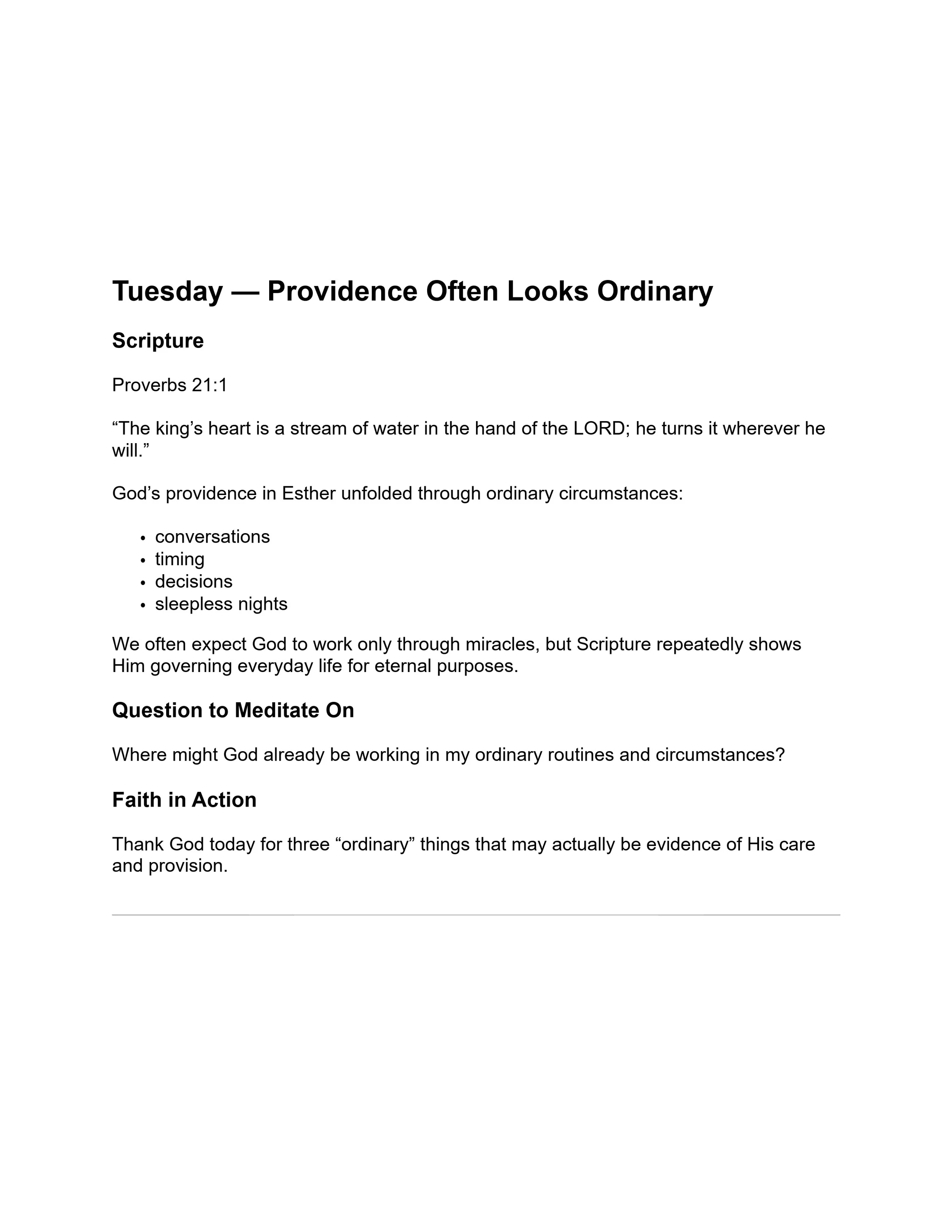 A page from a Christian devotional for Tuesday discussing how God's providence is visible in ordinary circumstances, with scripture from Proverbs 21:1.