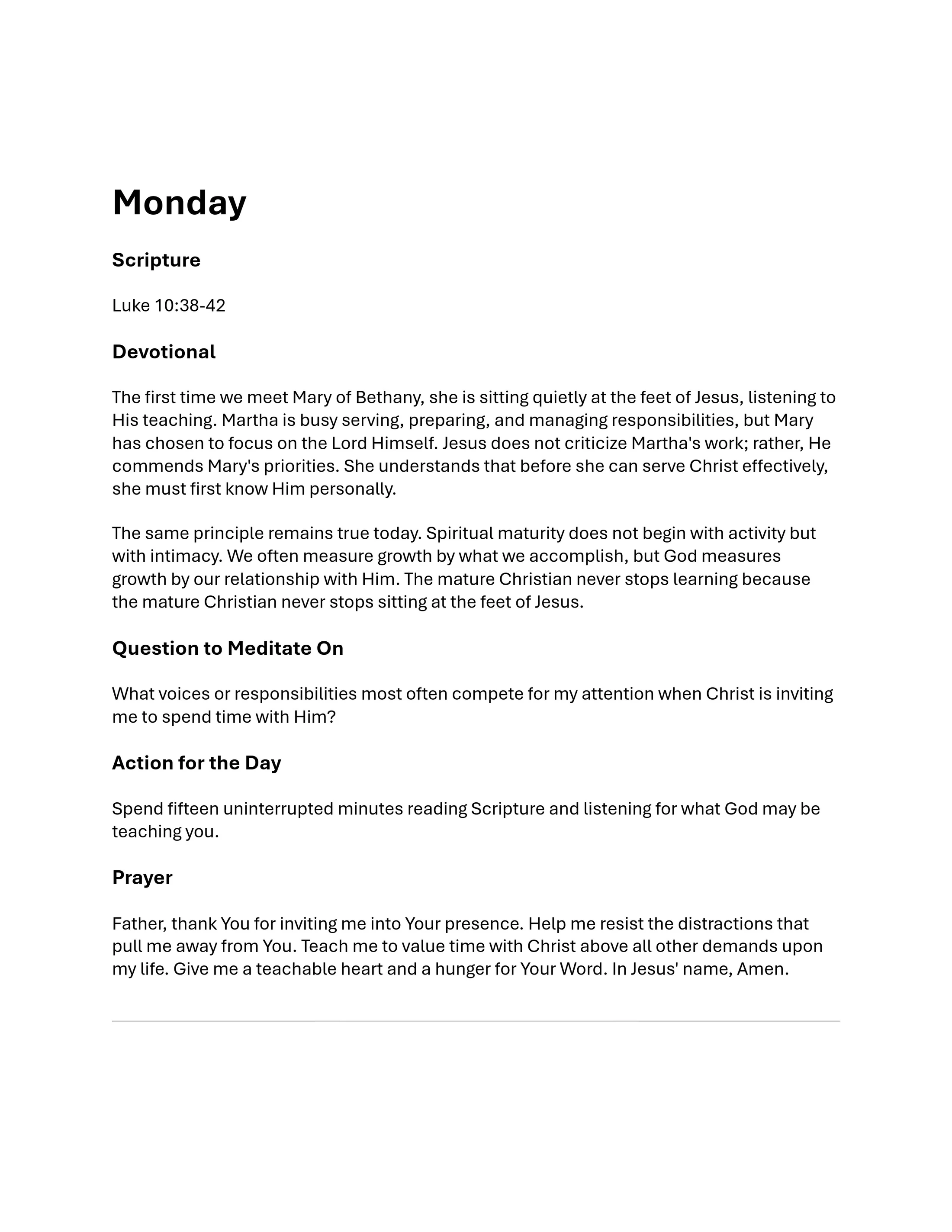 A daily devotional page for Monday. It includes scripture from Luke 10, a devotional text, a meditation question, an action for the day, and a prayer.