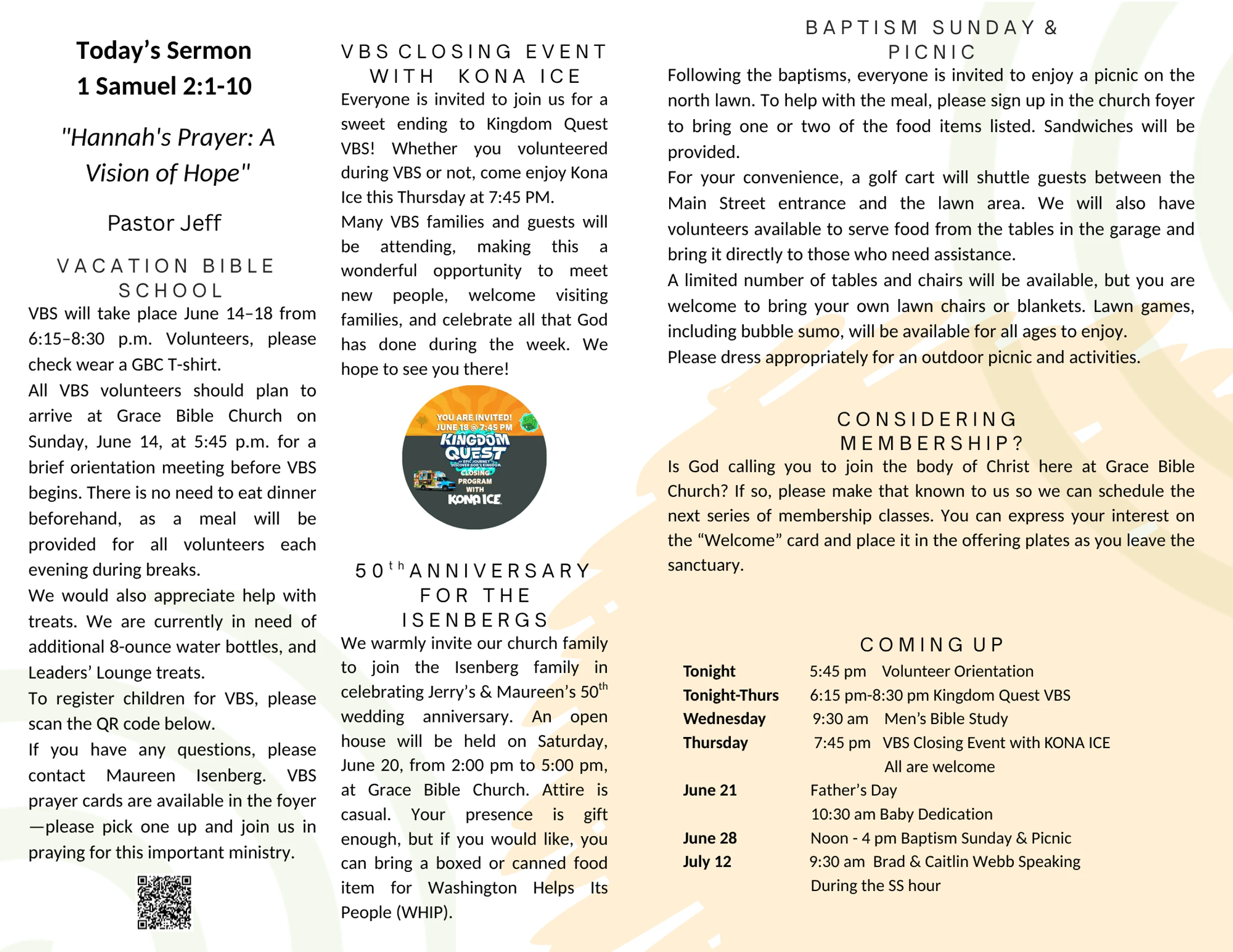 A church newsletter detailing the week's sermon, Vacation Bible School, a baptism picnic, an anniversary celebration, and a schedule of upcoming events.