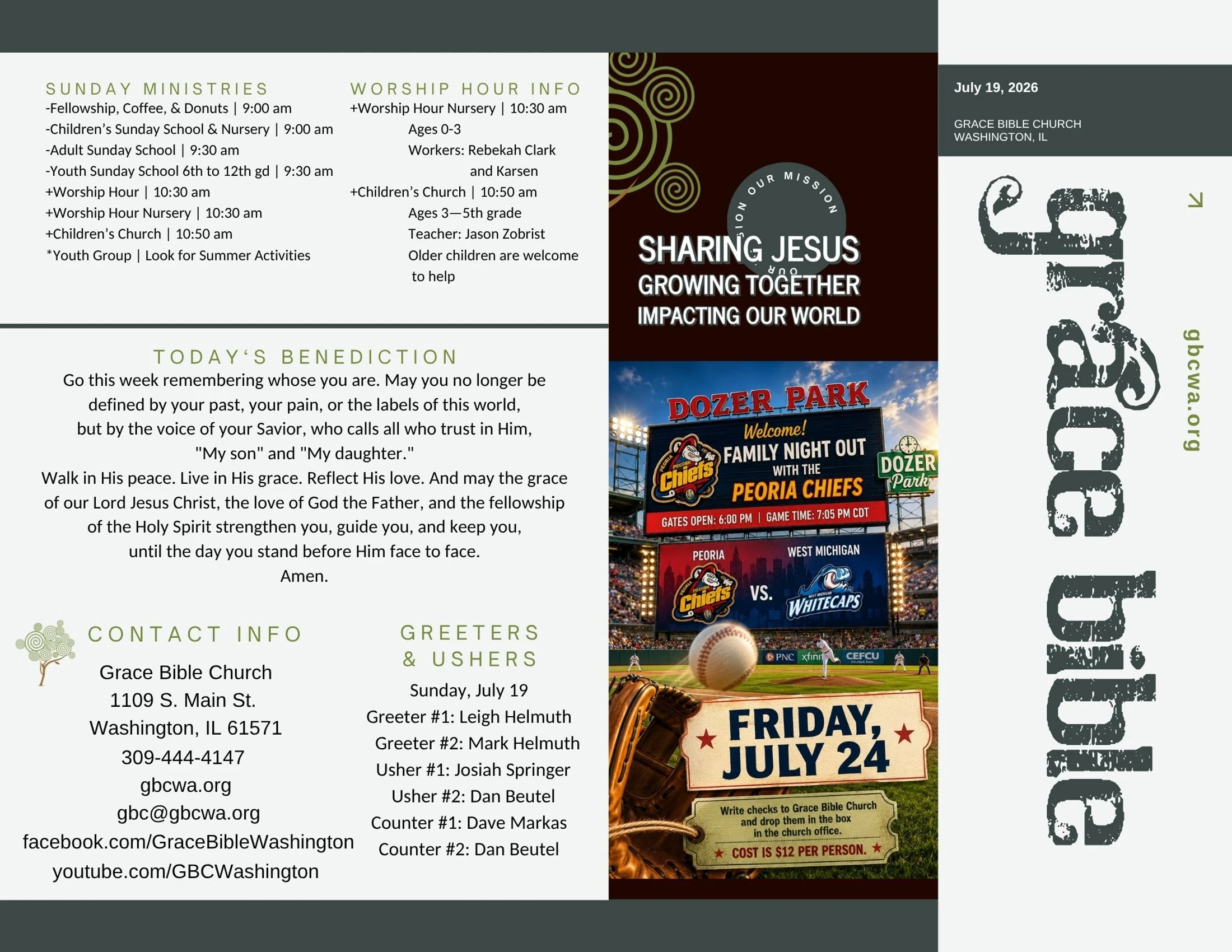 A bulletin for Grace Bible Church listing service times, a benediction, contact info, and an ad for a family baseball night at Dozer Park on July 24.