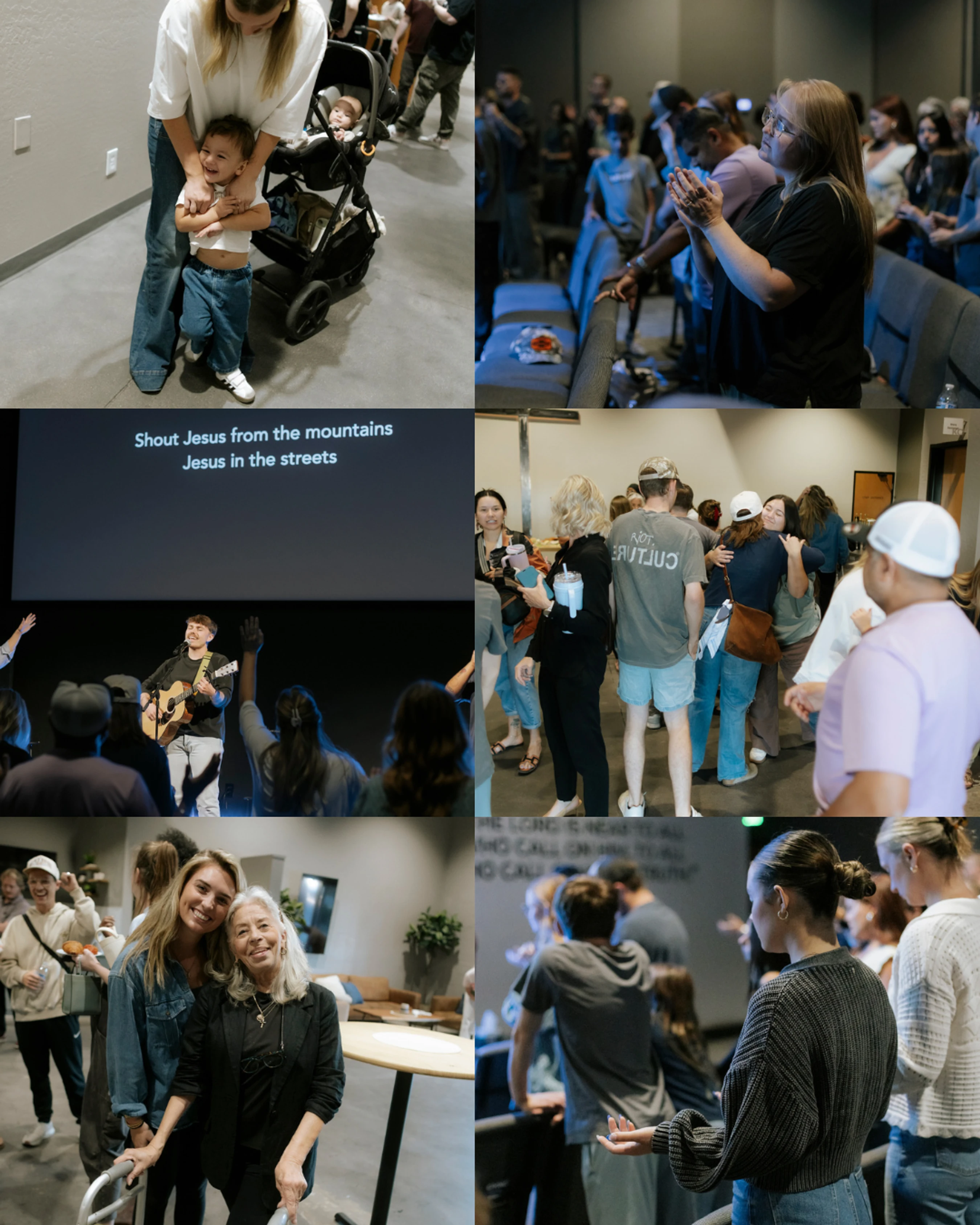 A collage of six photos showing diverse people at a church service, including families, worship with live music, prayer, and happy fellowship moments.