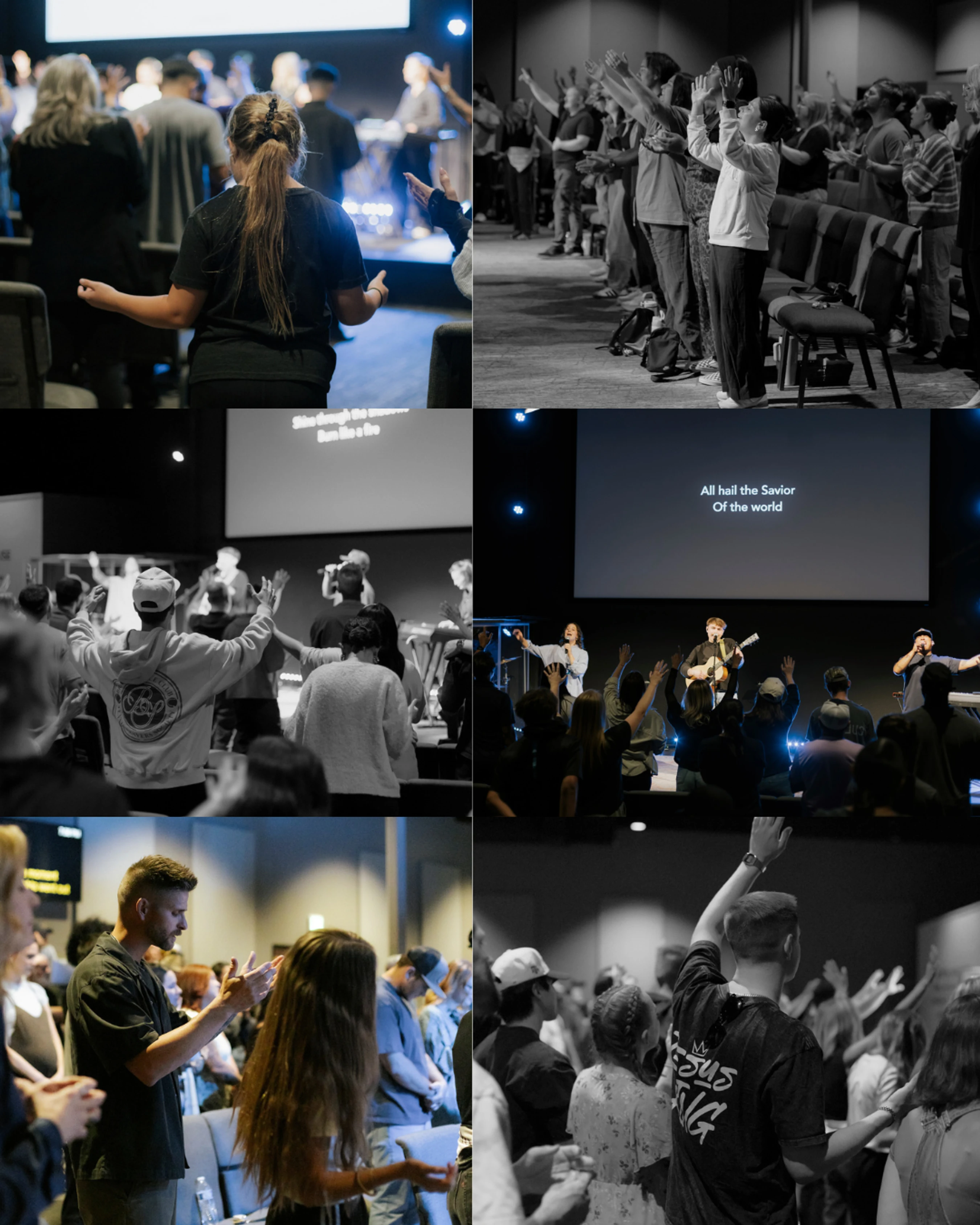A collage of six photos showing a diverse congregation engaged in worship during a church service. People are standing, clapping, and raising their hands.