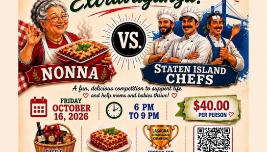 A colorful flyer for a Lasagna Extravaganza fundraiser showing a cartoon Nonna versus three chefs. The event is on October 16, 2026, for a great cause.