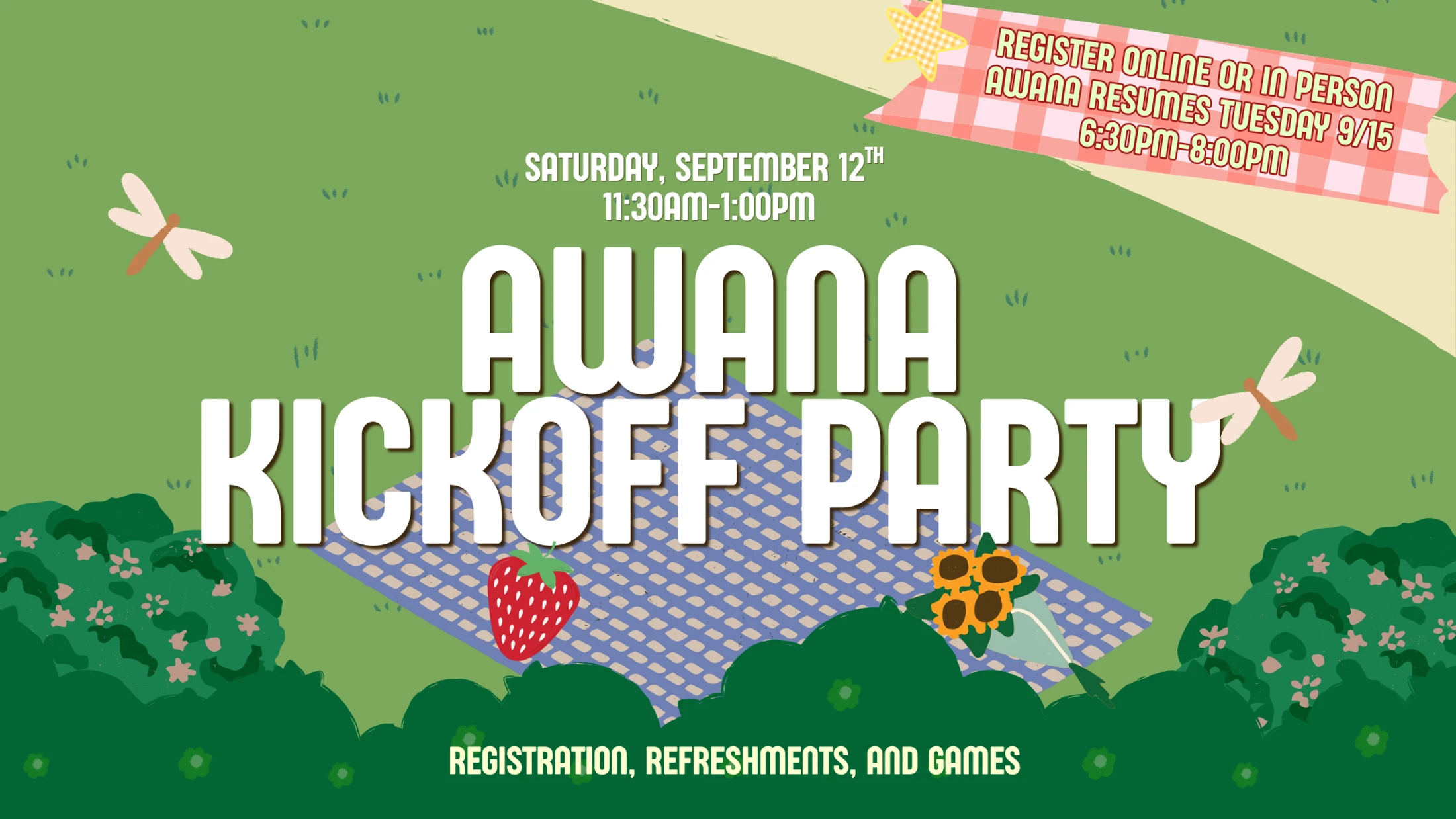 An illustrated announcement for an Awana Kickoff Party on September 12th. The image shows a picnic blanket in a grassy field with sunflowers and dragonflies.