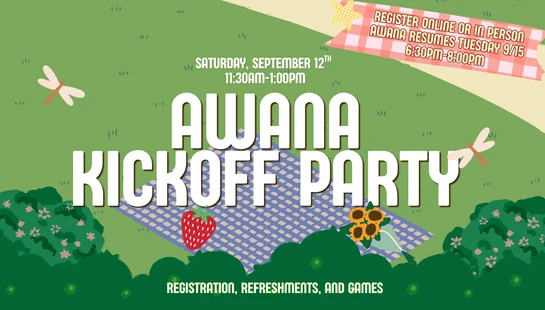 An illustrated announcement for an Awana Kickoff Party on September 12th. The image shows a picnic blanket in a grassy field with sunflowers and dragonflies.