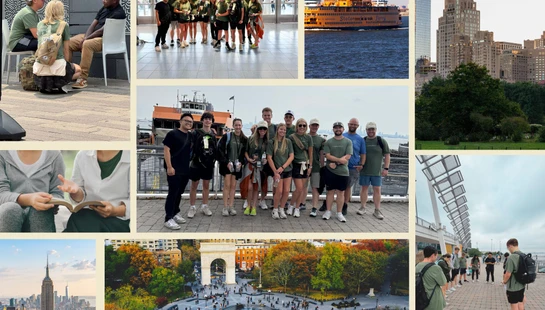 A collage of photos from a group's trip to New York City, featuring group portraits, the Staten Island Ferry, the NYC skyline, and Washington Square Park.