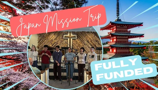 A collage for a Japan mission trip. The center shows young people in a church, surrounded by images of a Japanese pagoda and cherry blossoms.