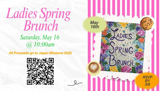A colorful flyer for a Ladies Spring Brunch on Saturday, May 16. It includes event details, a QR code, and a floral painting with pink and white stripes.