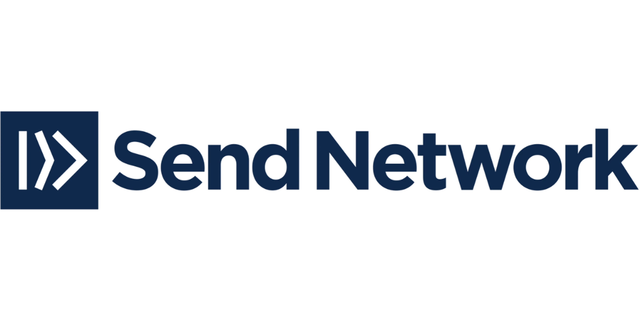 The logo for Send Network, featuring a dark blue square with white directional symbols, next to the words 'Send Network' in a dark blue, bold, sans-serif font.