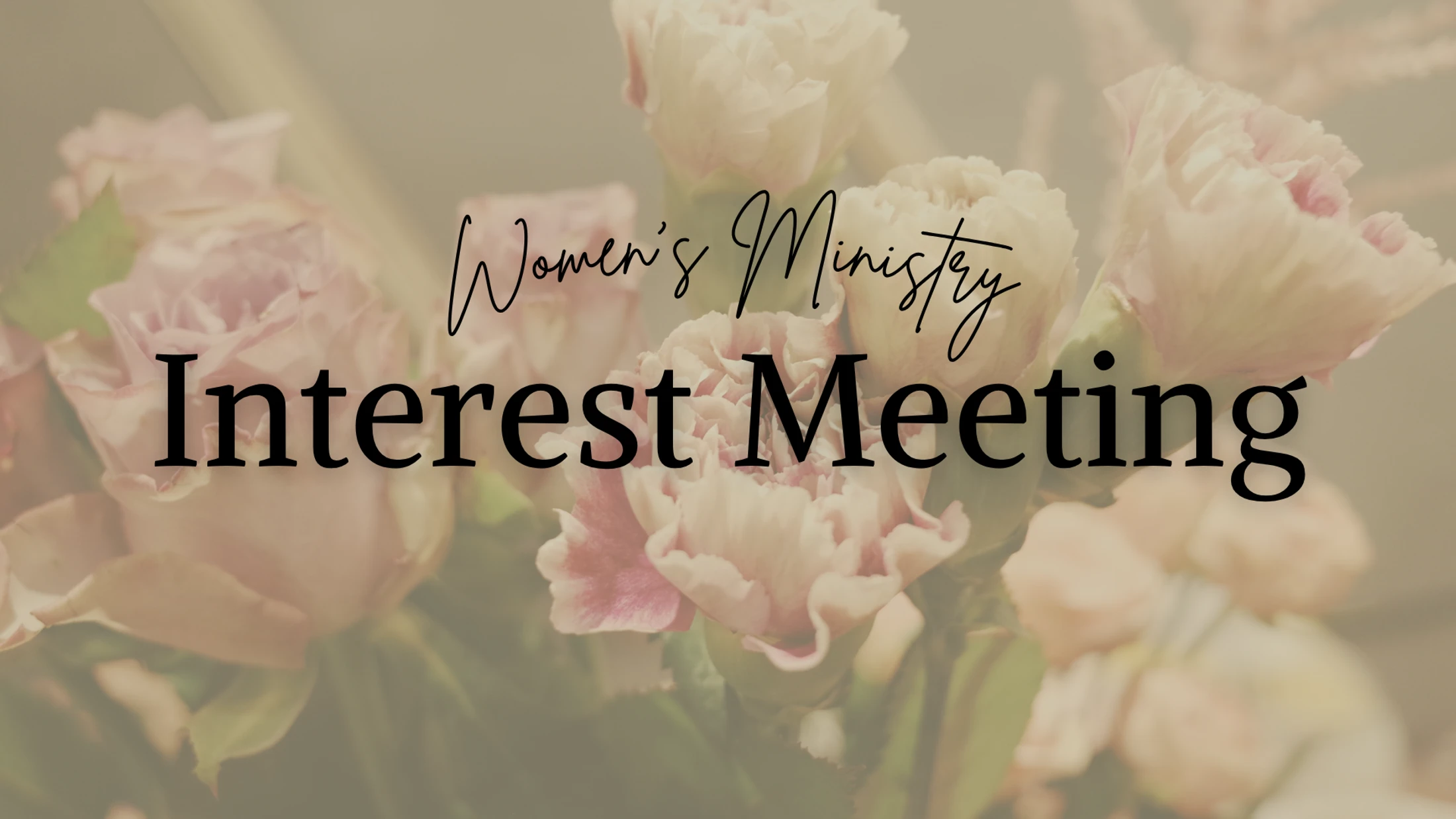 Text reading "Women's Ministry Interest Meeting" over a soft-focus, warm-toned photograph of pink and cream carnations.
