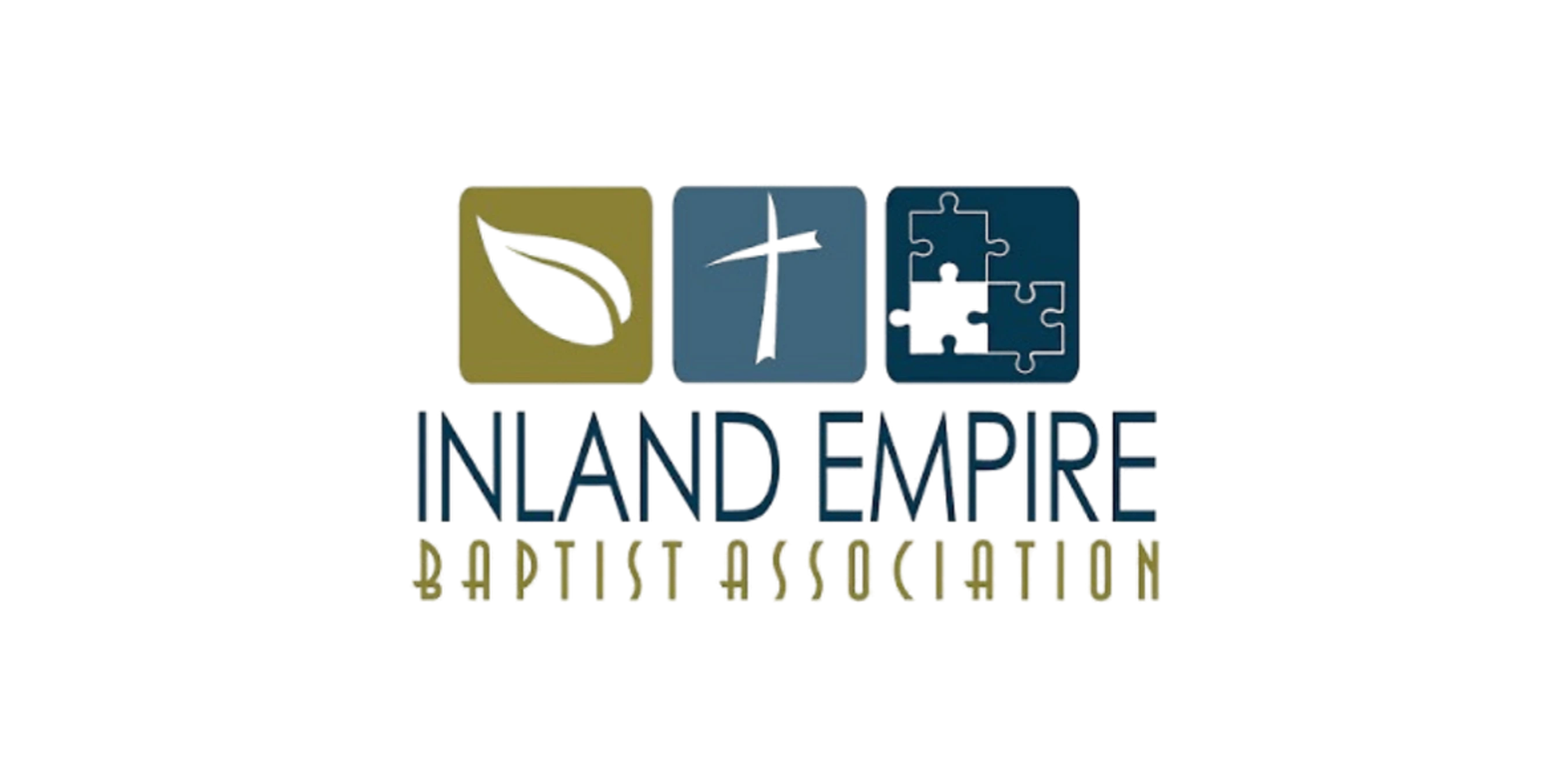 The logo for the Inland Empire Baptist Association, featuring icons of a leaf, a cross, and puzzle pieces above the organization's name.