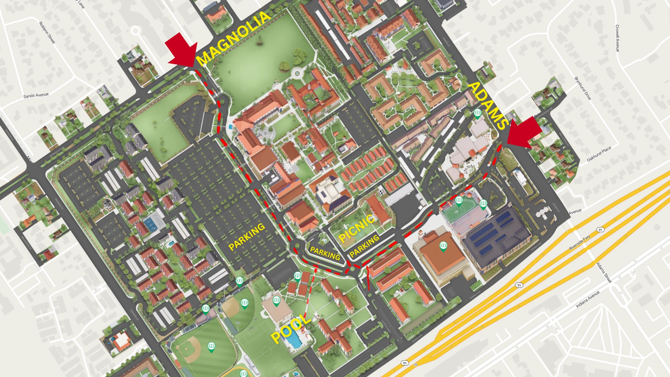 An illustrated map of a campus showing buildings and parking. A red dashed line highlights a driving route from the Magnolia entrance to the Adams exit.