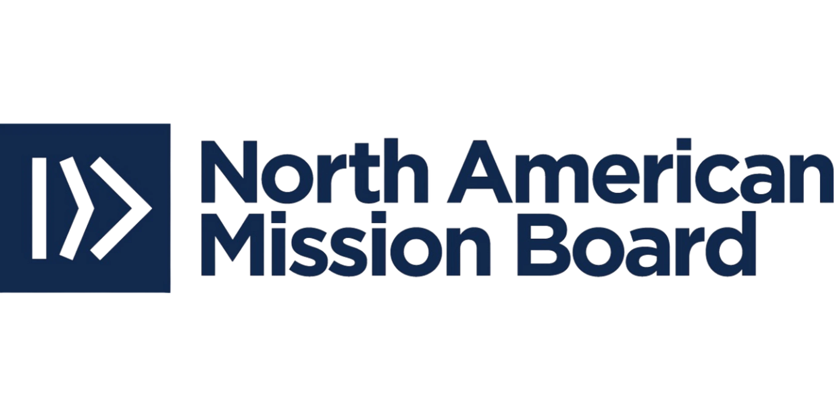 The North American Mission Board logo on a white background. It features a dark blue square with abstract white forward arrows beside the organization's name.