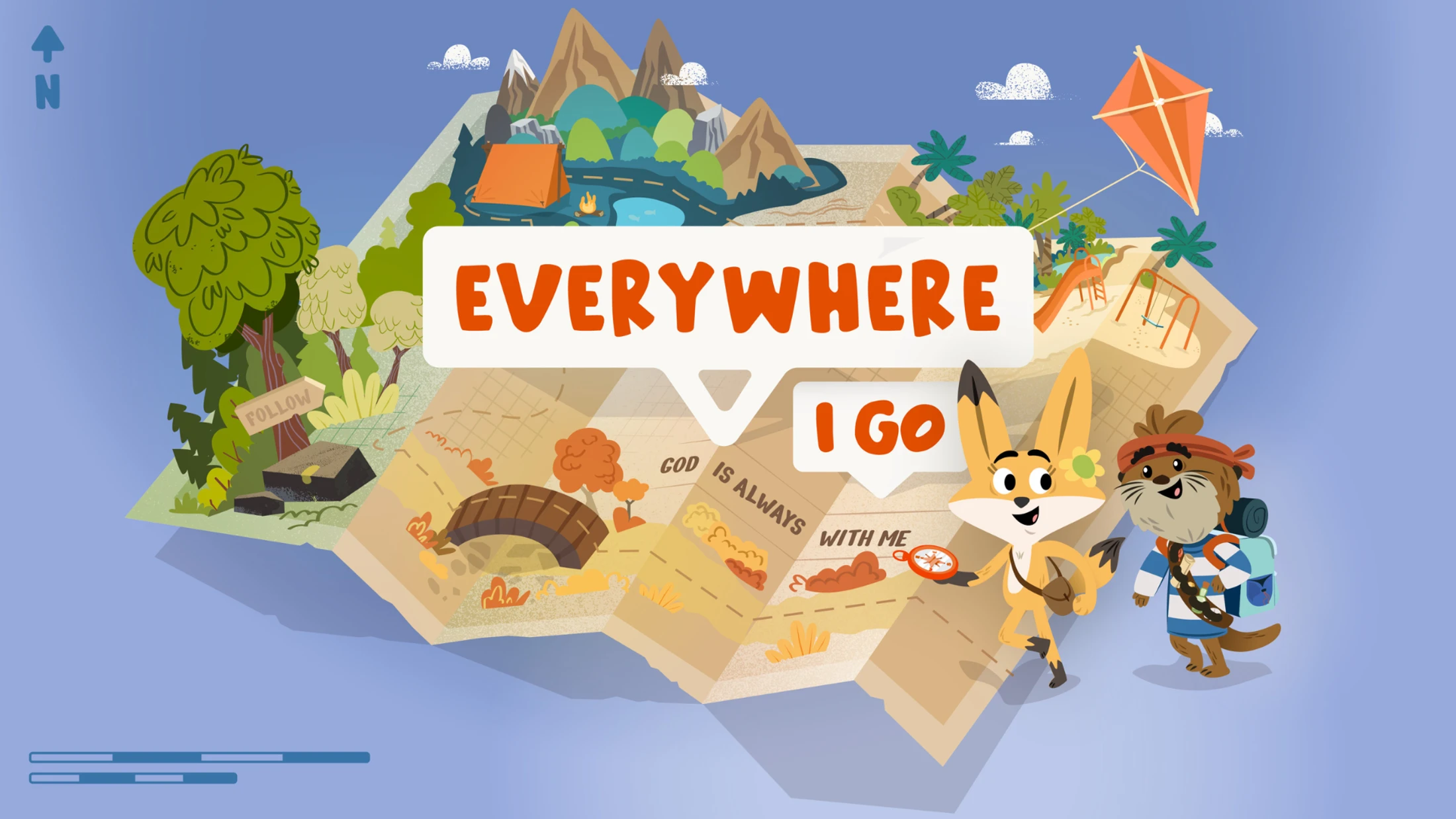 A cartoon fox and otter stand before a large map with the words "Everywhere I Go, God is always with me," showing mountains, a forest, and a playground.