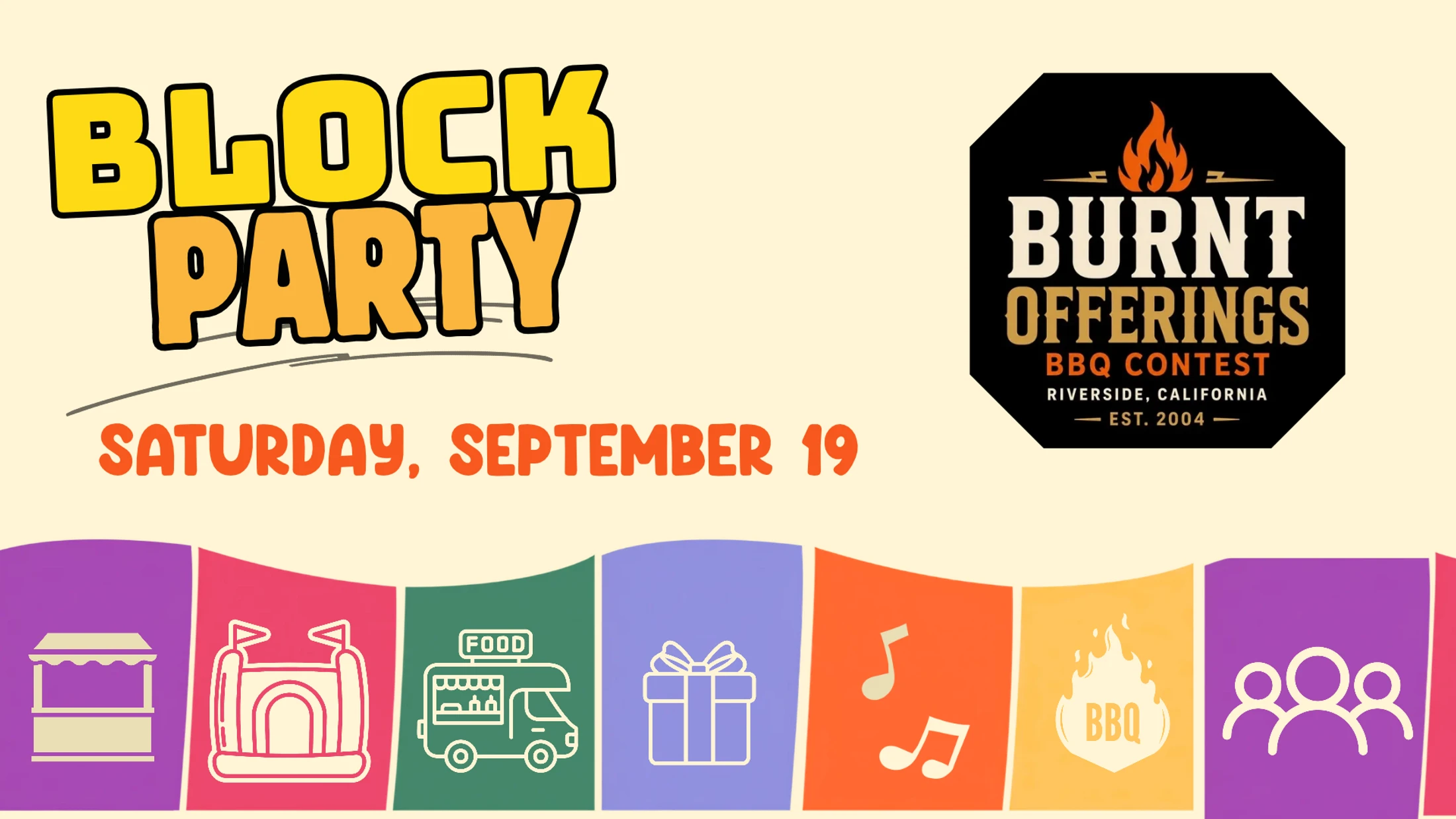 Promotional graphic for a Block Party on Saturday, September 19, featuring the Burnt Offerings BBQ Contest and icons for food, music, and family fun.