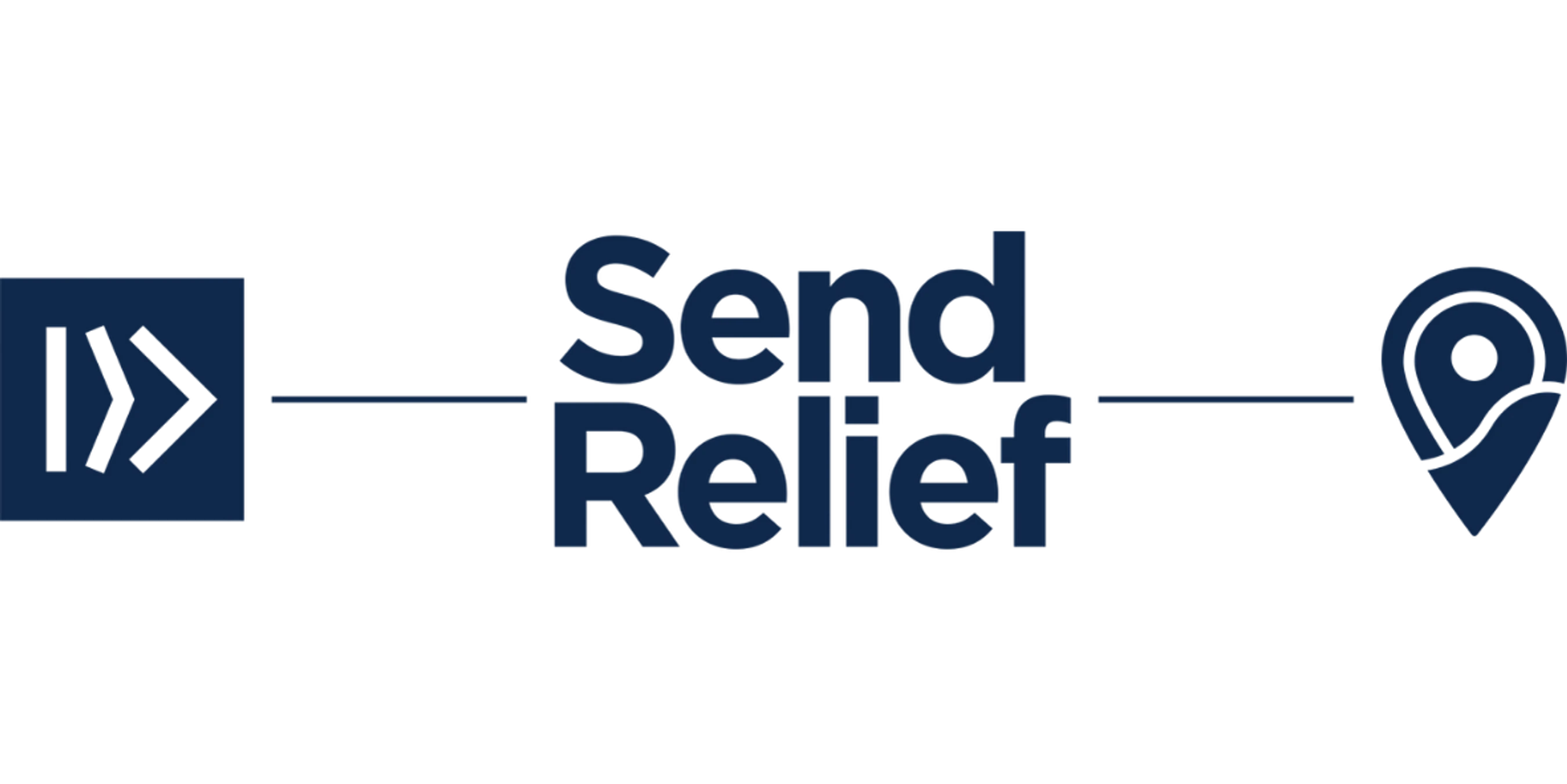 The Send Relief logo on a white background, featuring the words 'Send Relief' between an abstract icon on the left and a map pin icon on the right.