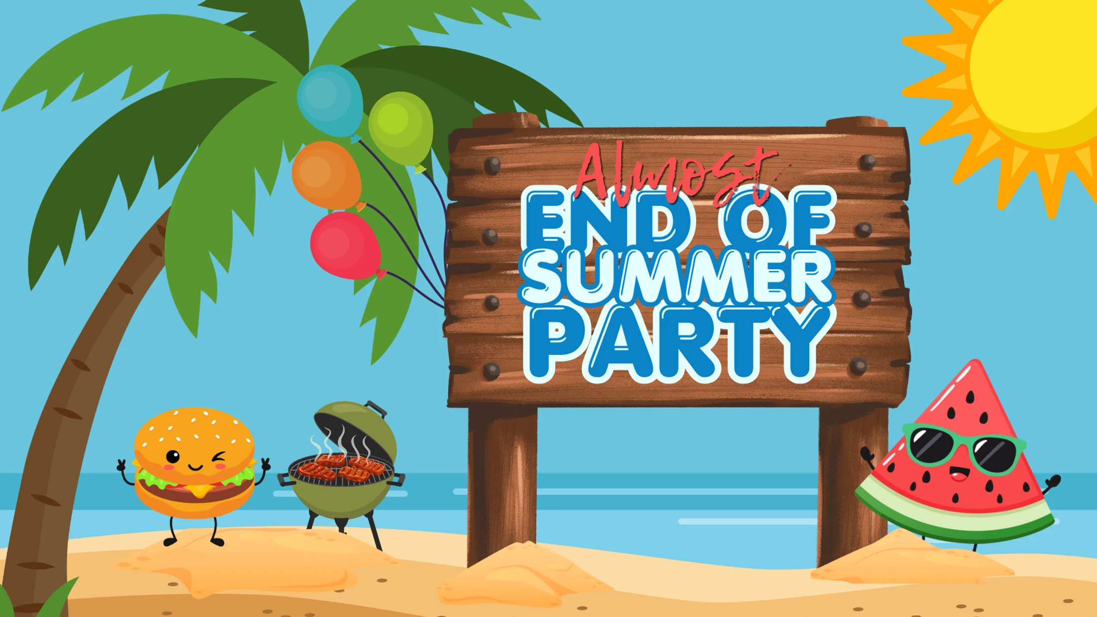 A cartoon beach scene with a sign for an 'End of Summer Party,' featuring a winking hamburger, a cool watermelon, a BBQ grill, and a palm tree.