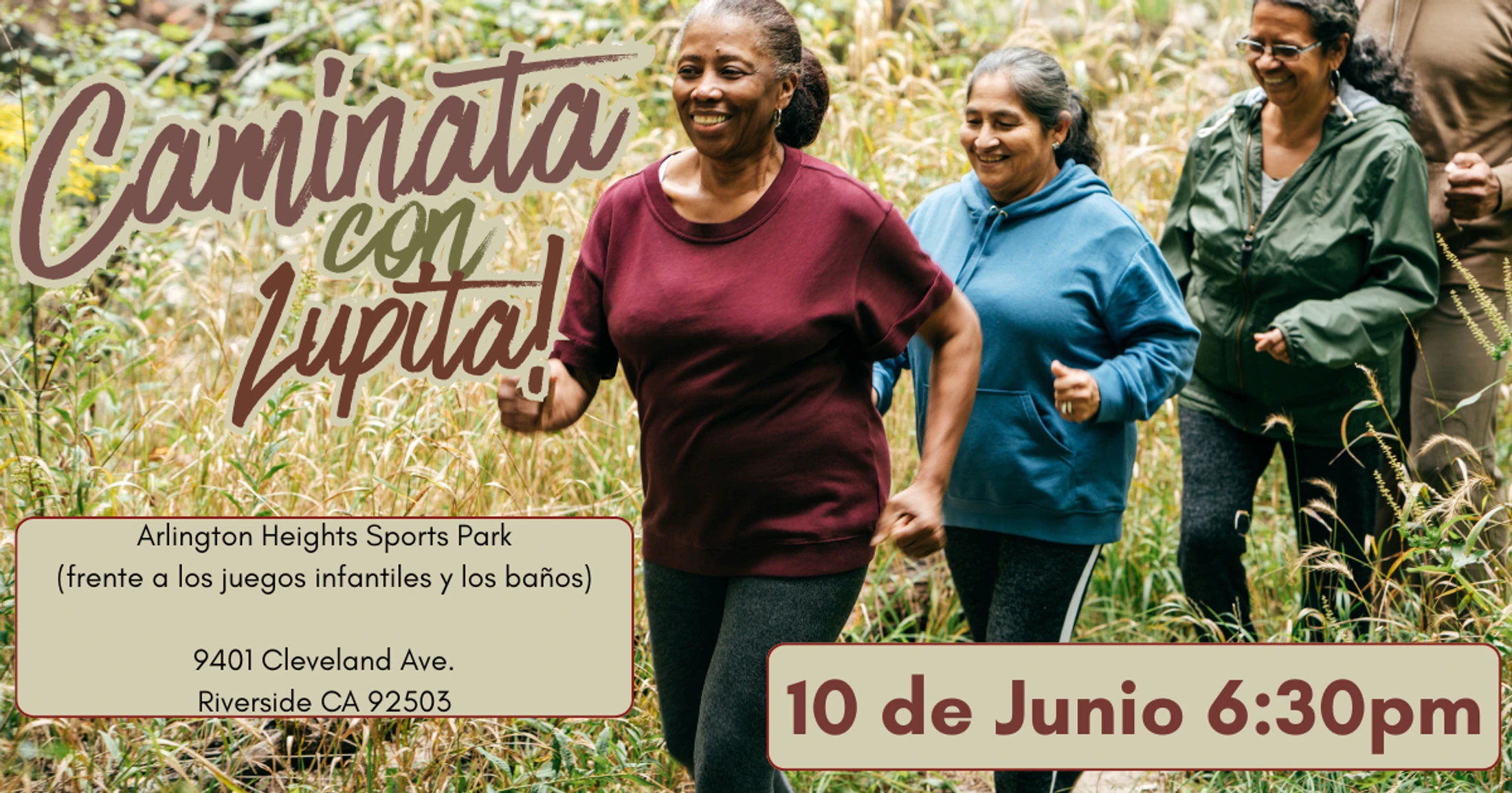 Promotional graphic for 'Caminata con Lupita!' with three smiling women walking outdoors. Event is June 10th, 6:30pm at Arlington Heights Sports Park.
