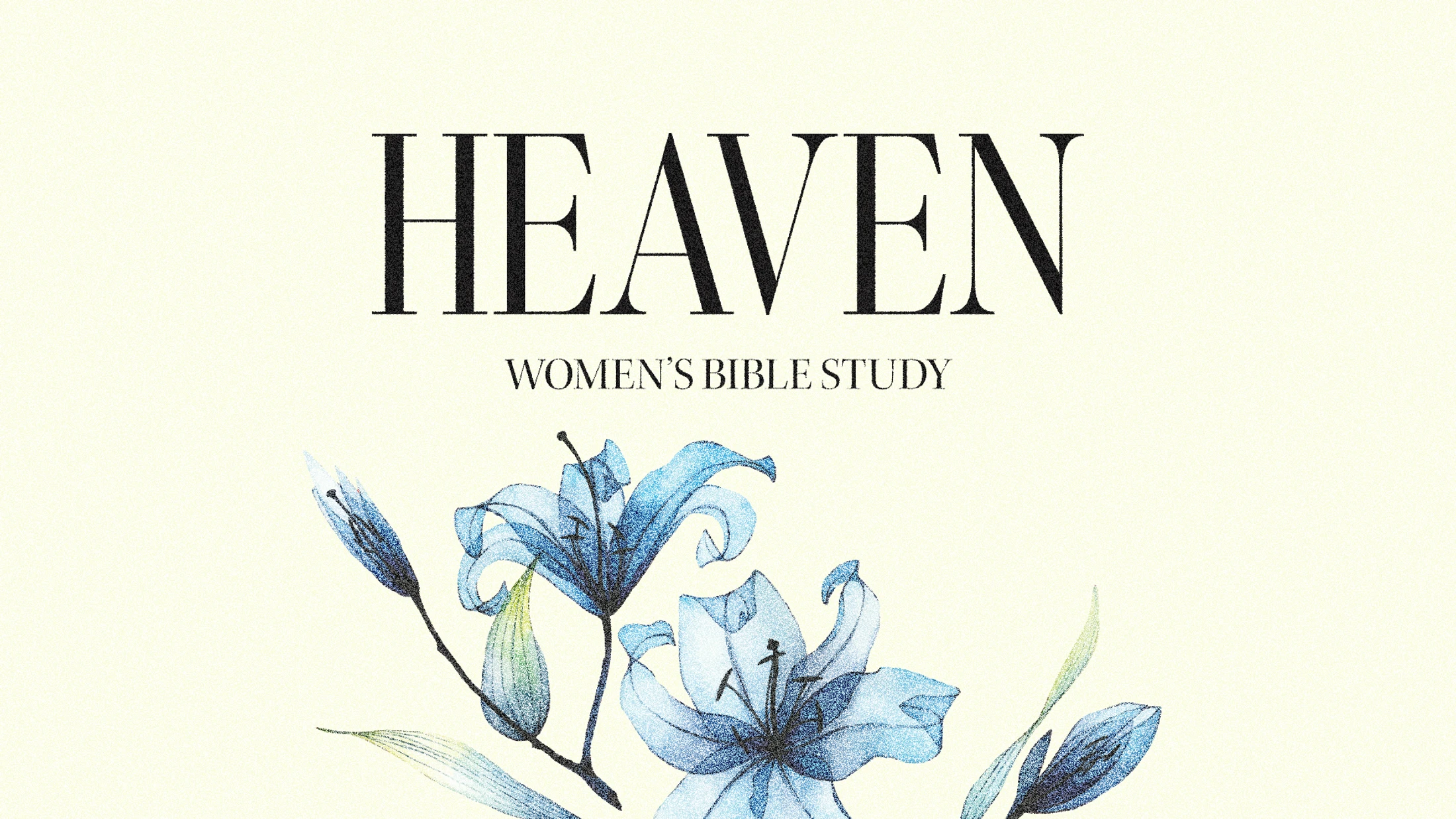 A title graphic for a Women's Bible Study on Heaven, with black serif text over a watercolor illustration of blue lilies on a cream-colored background.
