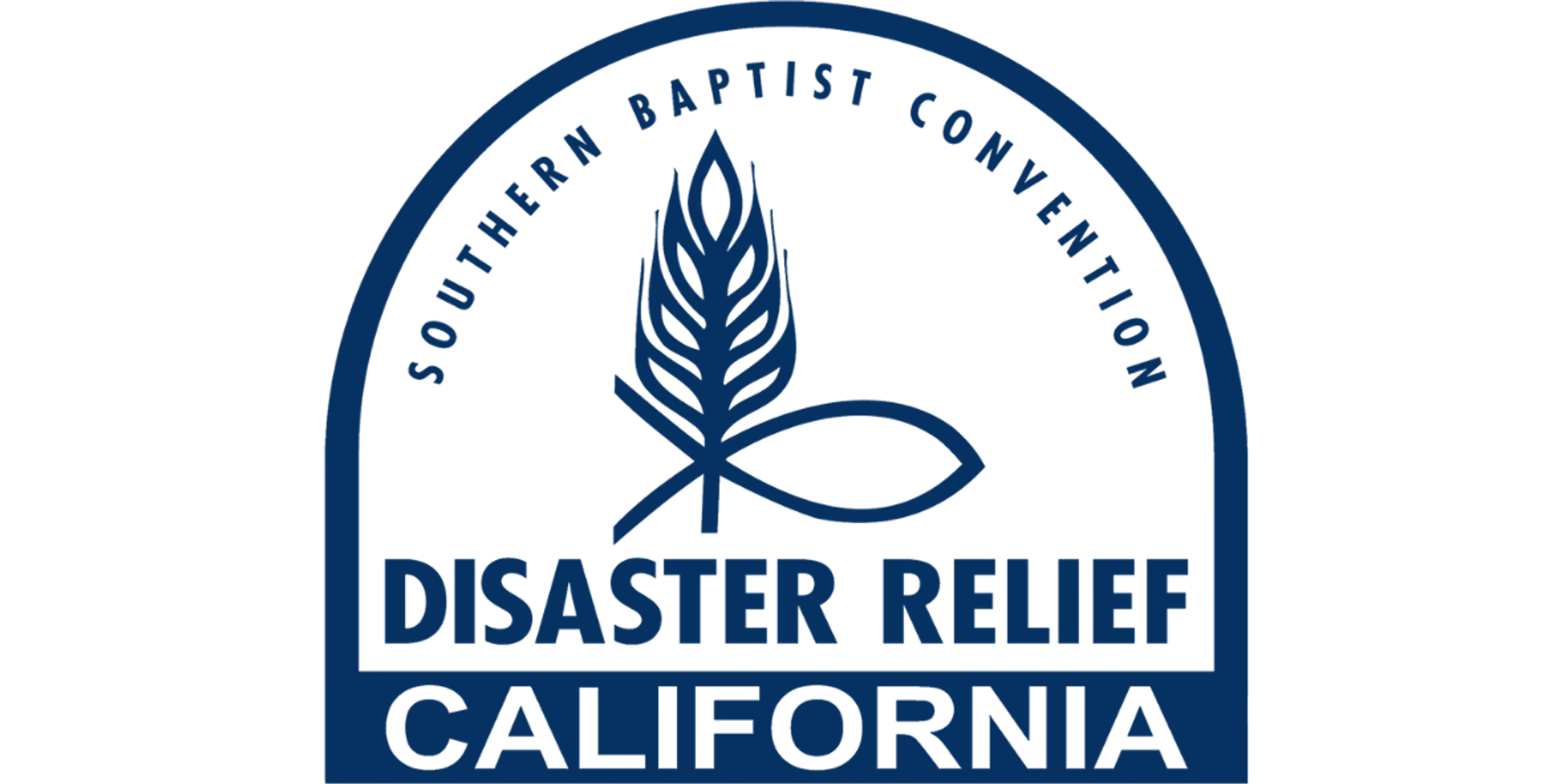 The blue and white logo for California Southern Baptist Convention Disaster Relief, with a combined wheat stalk and Christian fish symbol.
