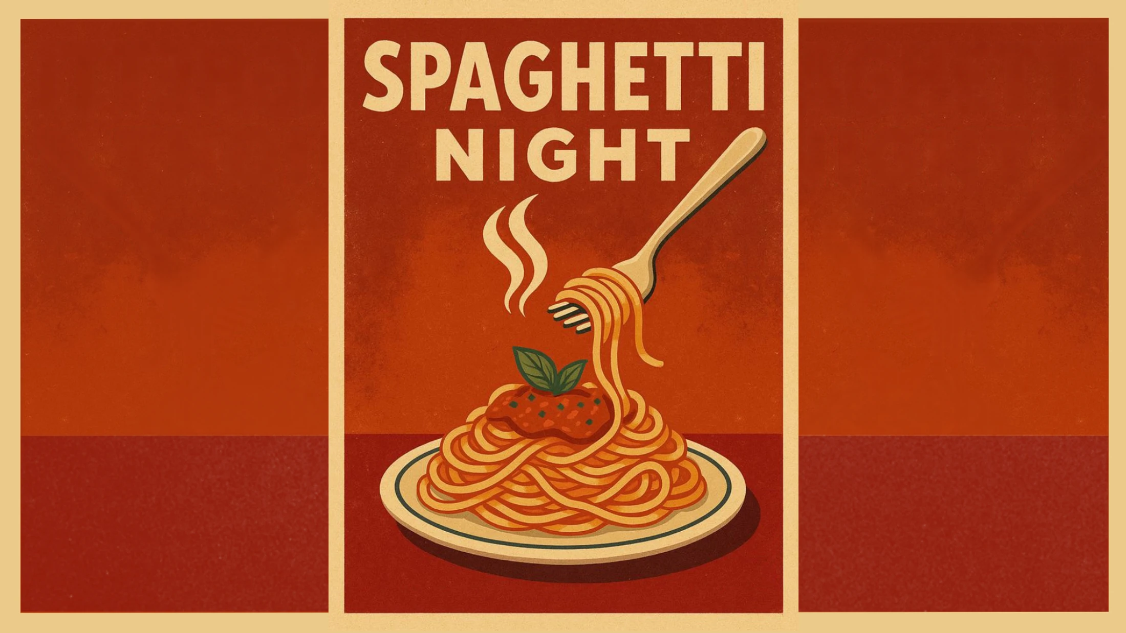 A retro illustration advertising 'Spaghetti Night' with a steaming plate of spaghetti and meatballs, and a fork twirling some noodles against a red background.