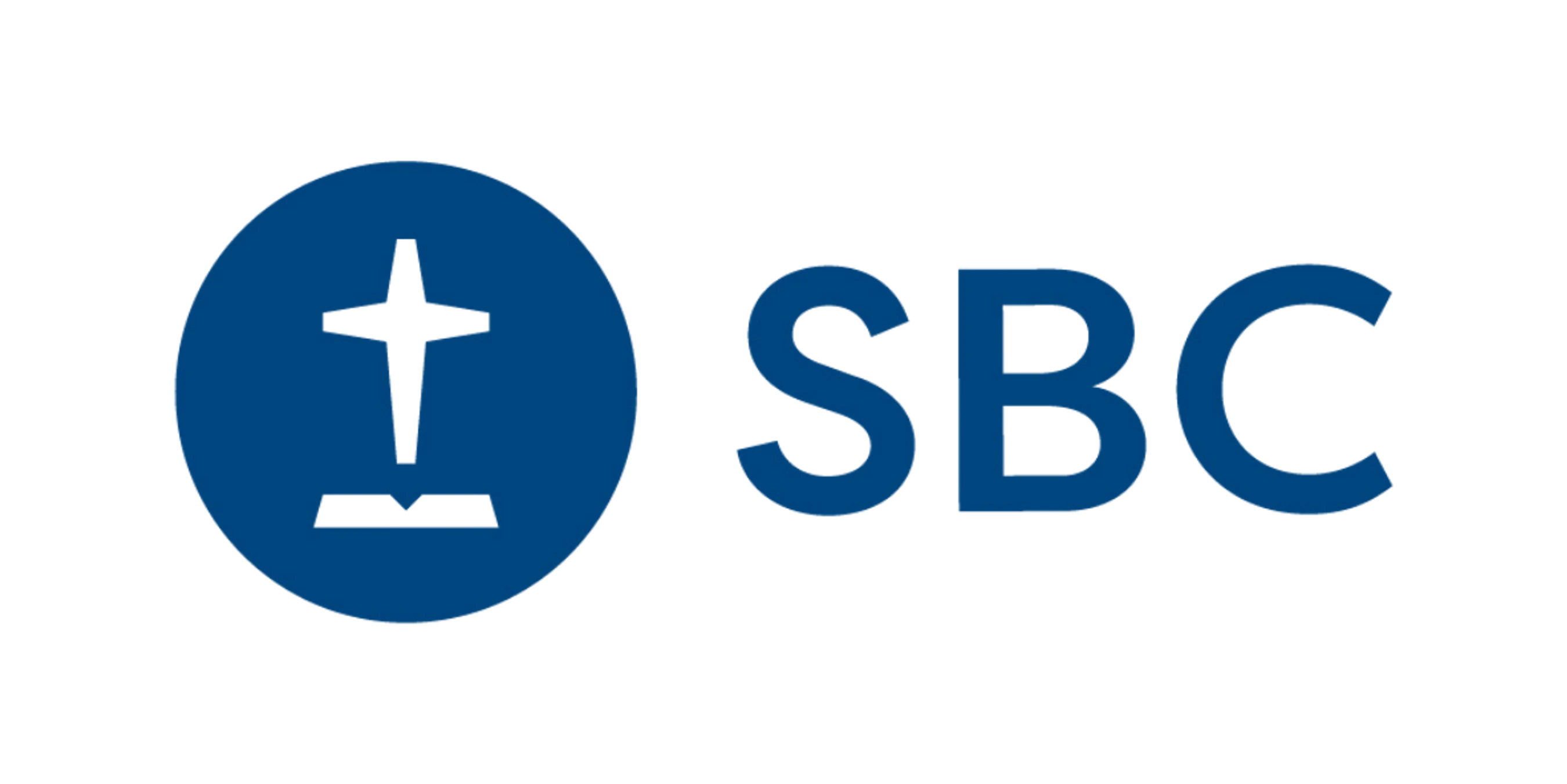 The Southern Baptist Convention logo, featuring a white cross over an open book inside a blue circle, next to the blue letters SBC.