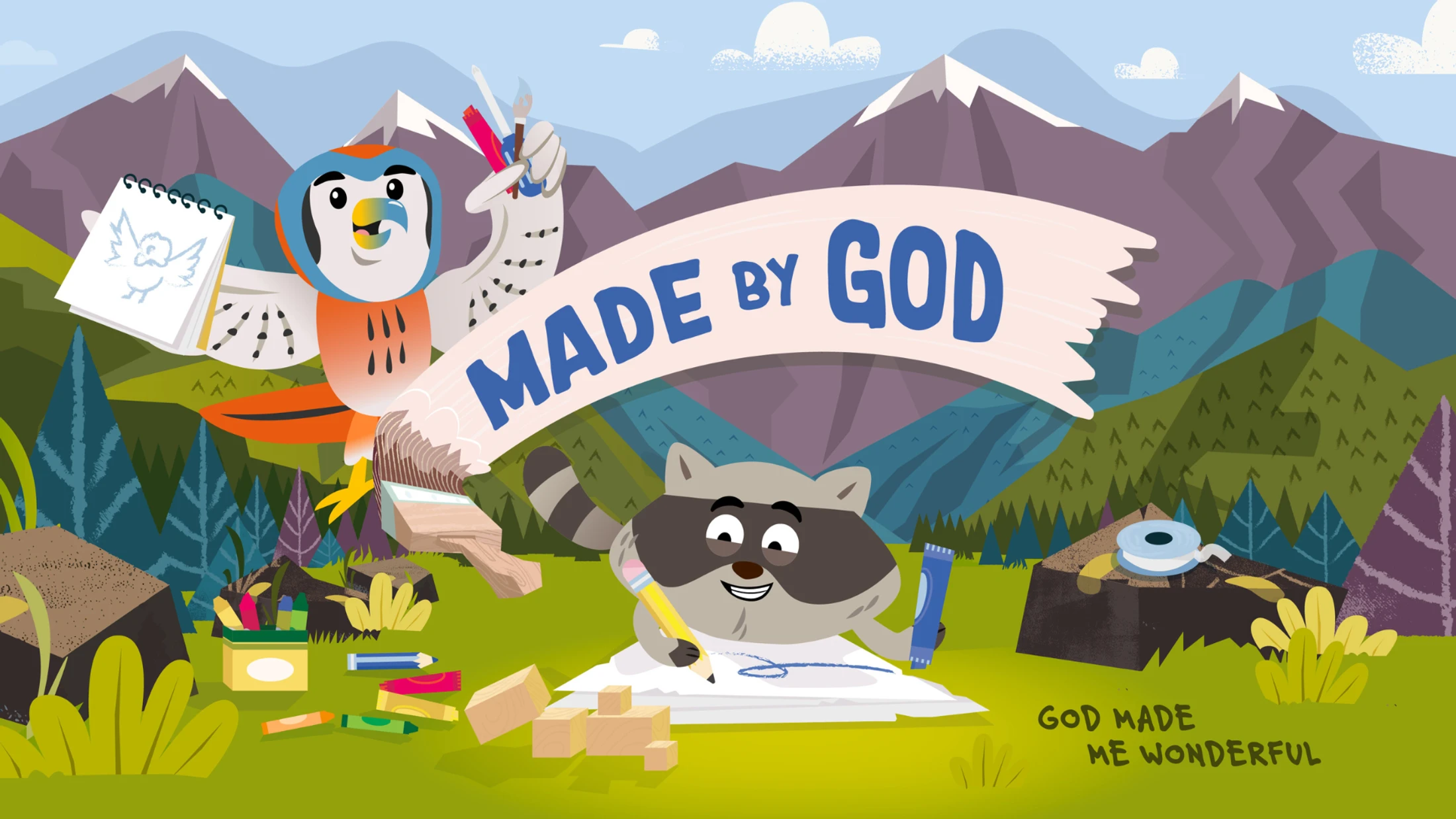 A cartoon owl and raccoon do arts and crafts in a mountain forest. A banner reads 'Made by God' and text below says 'God made me wonderful'.