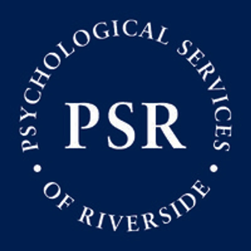 Logo for Psychological Services of Riverside. A circular seal with white text on a dark blue background. The letters PSR are in the center.