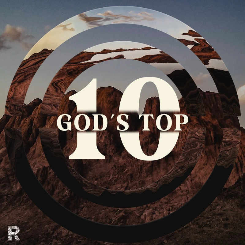 The text "God's Top 10" is centered over a rocky, brown mountain scene. The image is viewed through several distorted concentric circular cutouts.