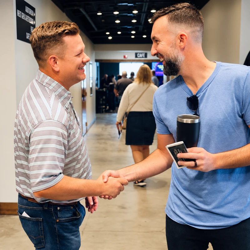 Two smiling men greet each other with a firm handshake in a busy hallway. The man on the left wears a striped polo, the other a blue tee.