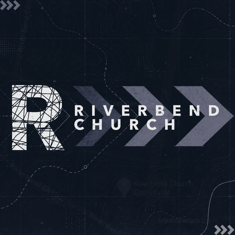 The logo for Riverbend Church, featuring a large stylized 'R' and chevrons, set against a dark, textured background with topographical map lines.